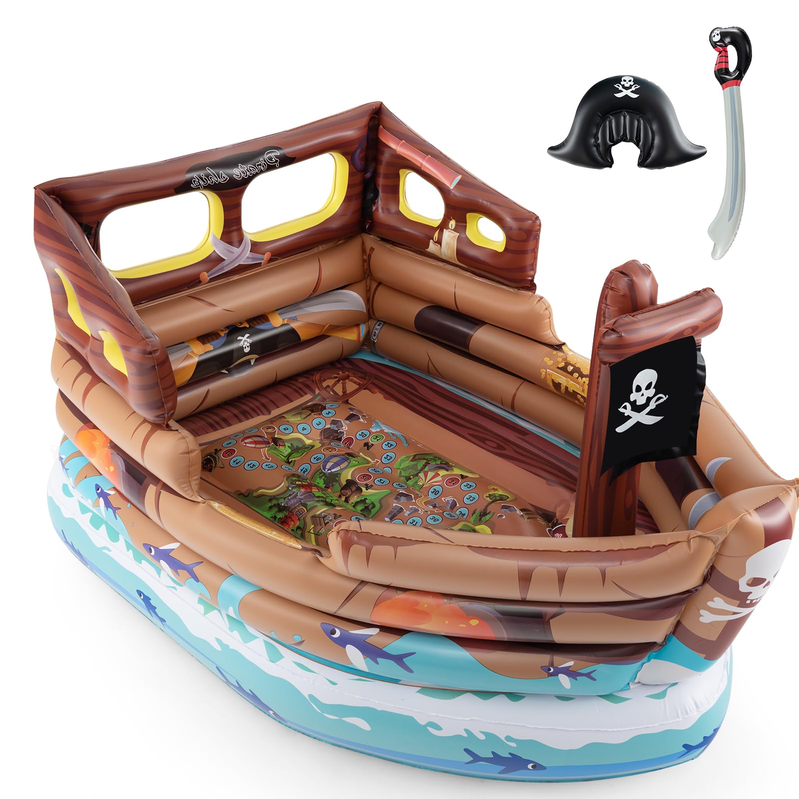 GLACER Pirate Ship Bounce House, Inflatable Bouncy Castle Pirate Themed with Built-in Motor, Blow Up Sword & Hat, Repair Patches, Indoor Outdoor Boat Shaped Bouncy House for Kids Aged 3+, Party Game