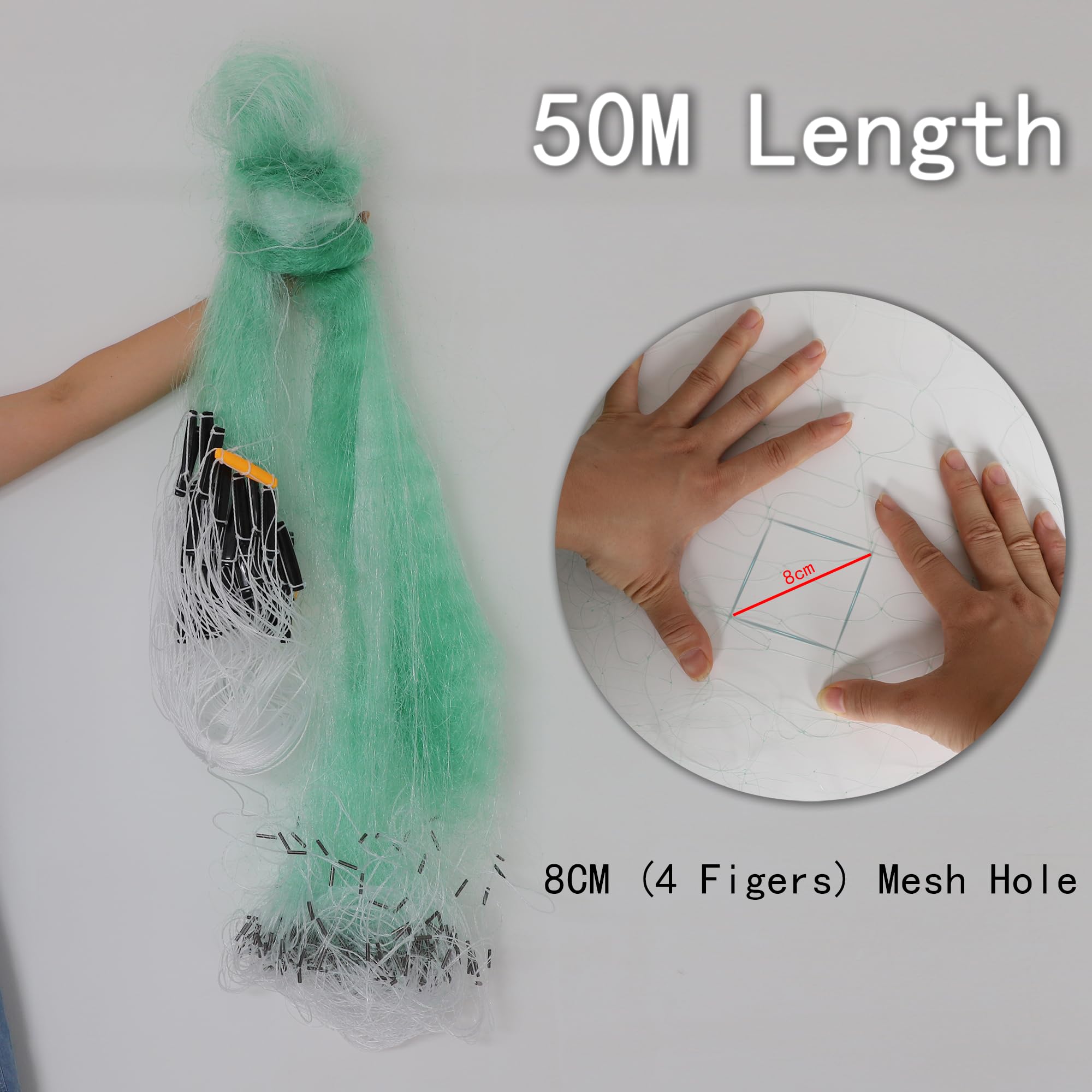 Red de pesca de 3 capas, red de pesca de nailon para pesca de 50 metros de longitud, 2 metros de altura con flotadores y fregaderos, trampa de cebo plegable
