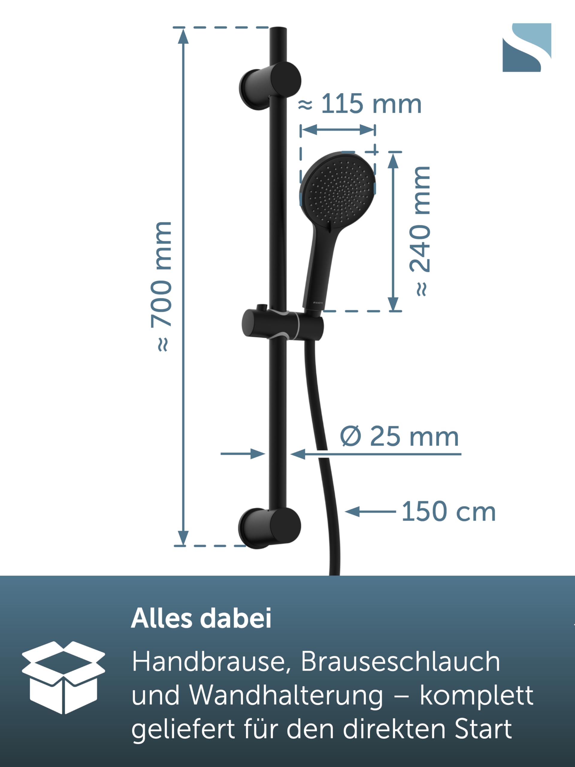 SCHÜTTE RAVEN Duschstange und Handbrause | Duschbrause mit 3-fach verstellbarem Duschkopf | Brauseset mit Duschsäule | Regendusche Duschpaneel mit Schlauch | Schwarz