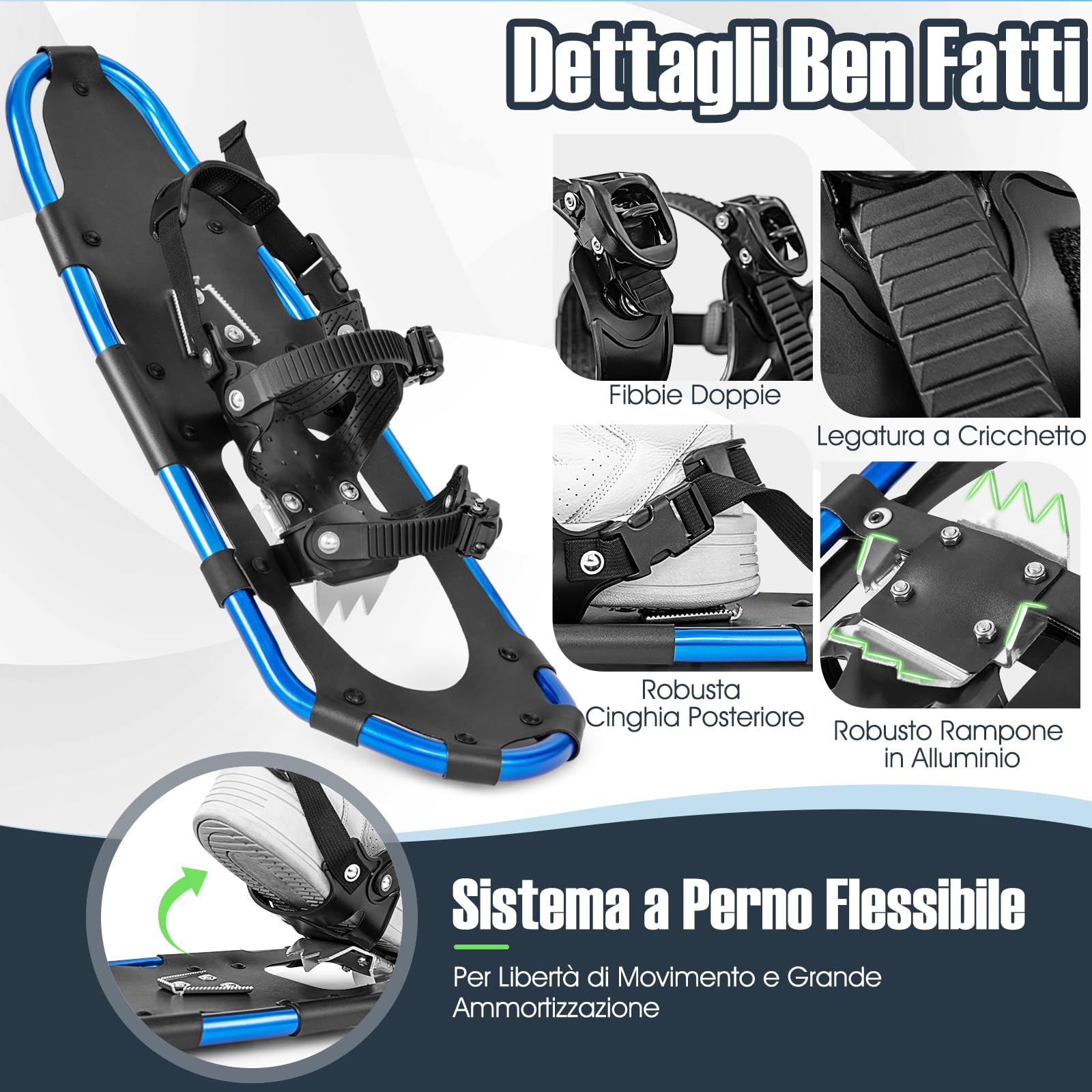 COSTWAY Set 4 in 1 Ciaspole da Neve 53/63/78 cm per Uomini, Donne e Ragazzi con Sistema di Fissaggio, Telaio in Alluminio, Bastoncini da Trekking, Ghette Gambe Impermeabile e Borsa