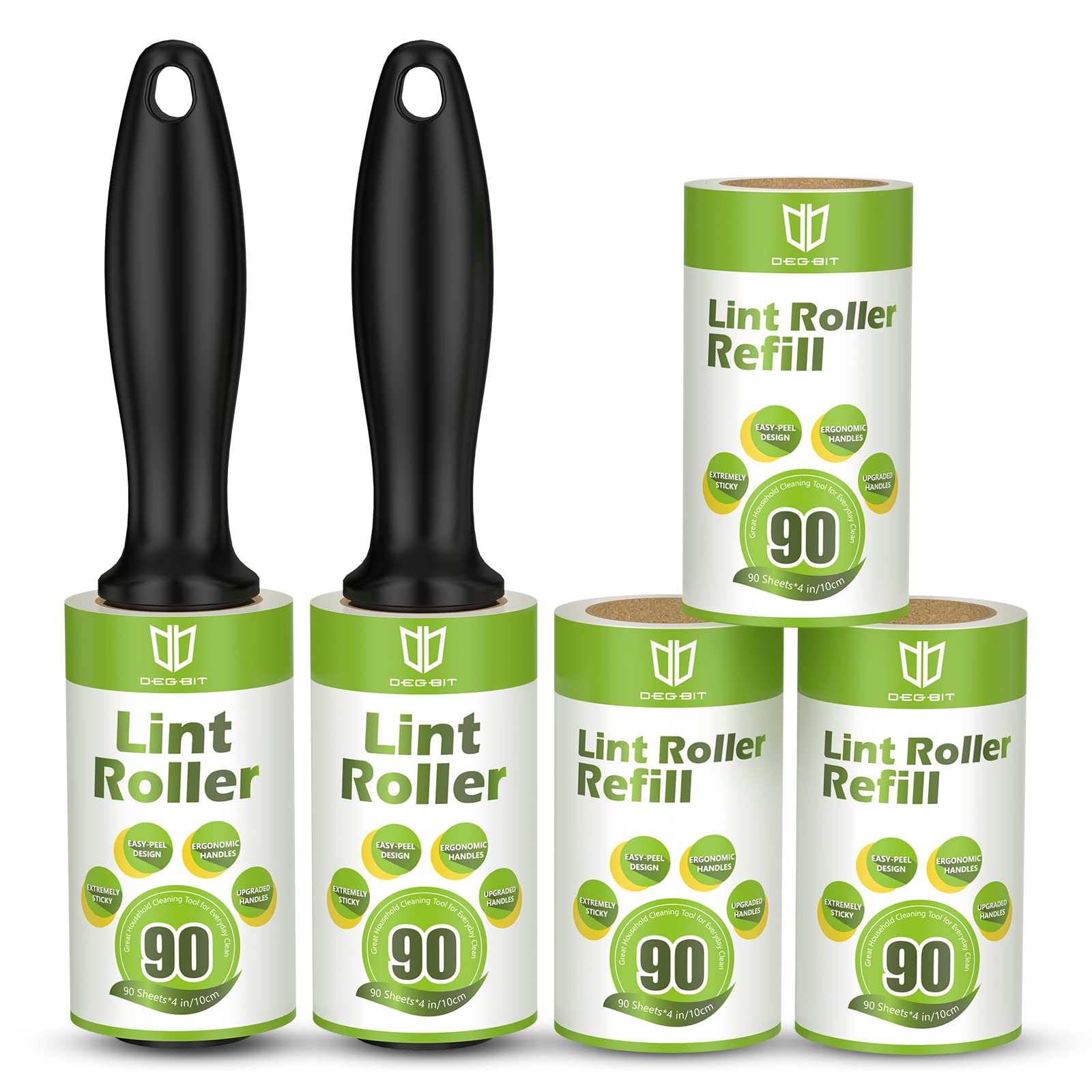 Degbit Extra Sticky Lint Rollers, Mega Value Set [450 Sheets/5 Refills] with 2 Upgraded Handles, Portable Lint Roller for Pet Hair Removal, Clothes, Carpet, Couch, Furniture, Dog Cat Lint Remover