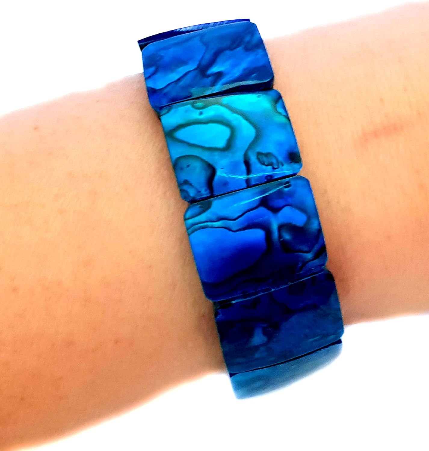 Natural Abalone Shell Stretchable Cuff Bracelet Set in Blue Resin Handmade Women Paua Jewelry DA492-B - Image 2