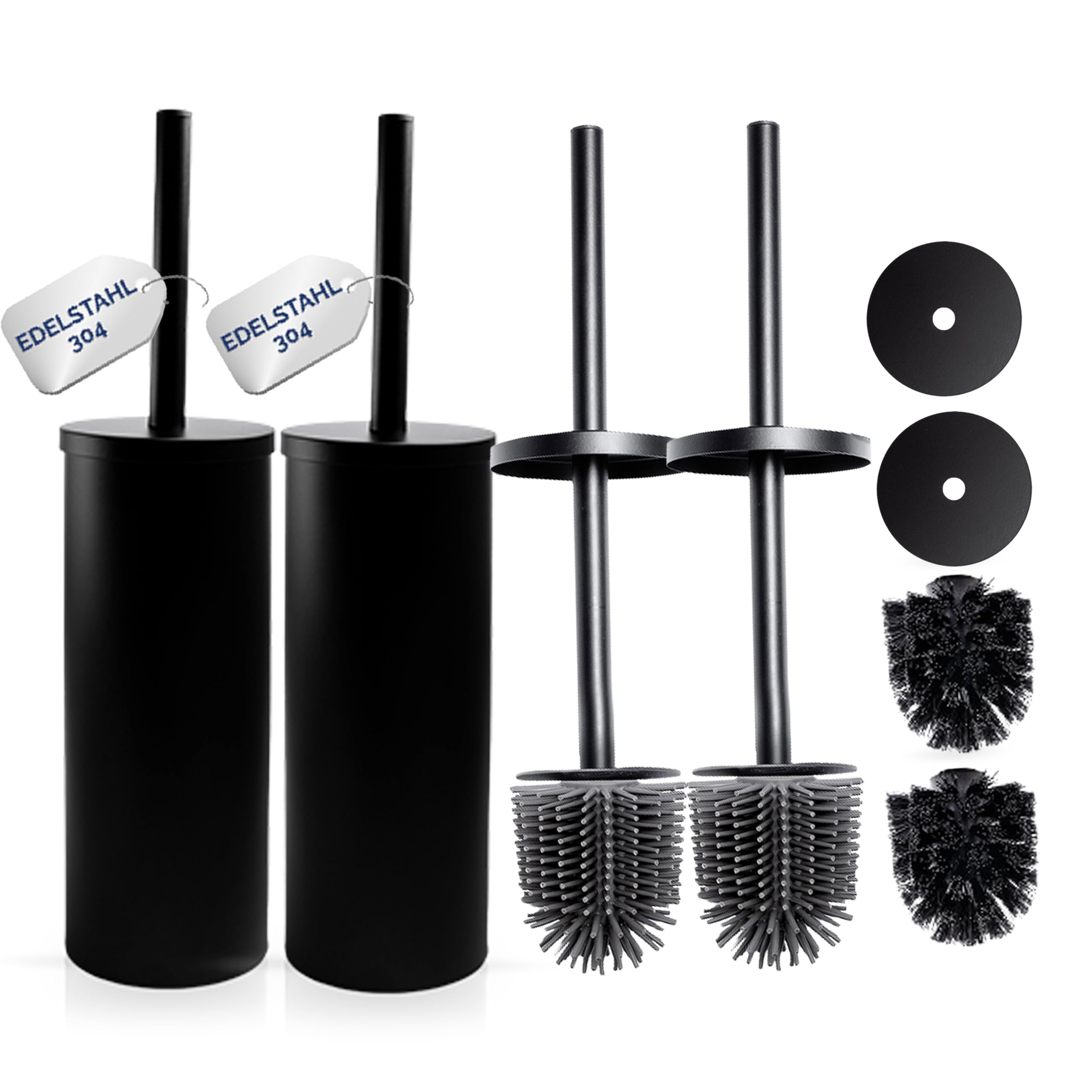DITI Toilet Brush Stainless Steel Round Silicone Set of 2 with Replacement Brushes Black