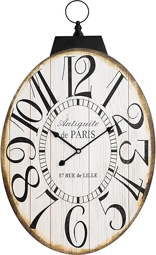 Miniatura 9 de Reloj de pared grande, 29 pulgadas de alto, diseño ovalado francés vintage de granja, funciona con pilas, reloj de pared silencioso para sala de