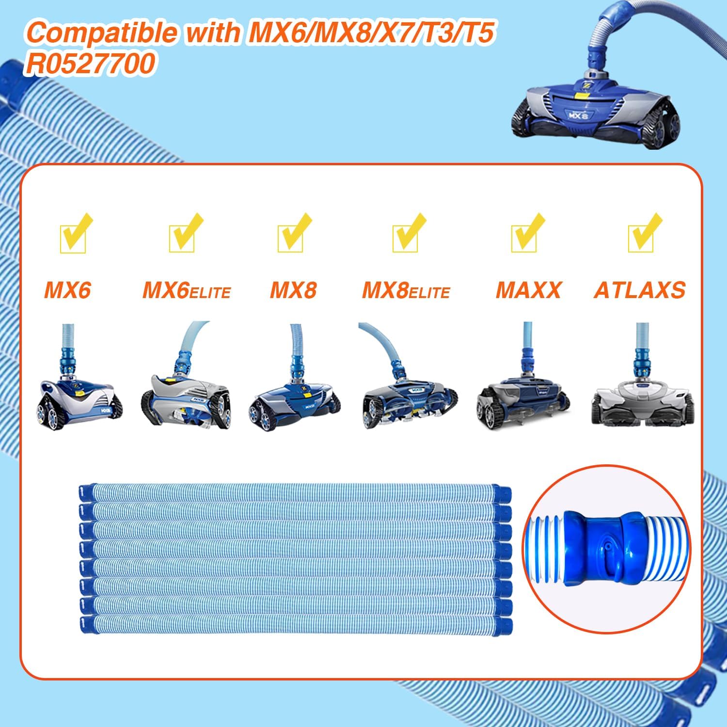 8 pcs 39 in R0527700 Pool Vacuum Hose Replacement Parts for MX6 MX8 T3 T5 X7, Pool Hose Twist Lock for Pool Clean (5-pack)