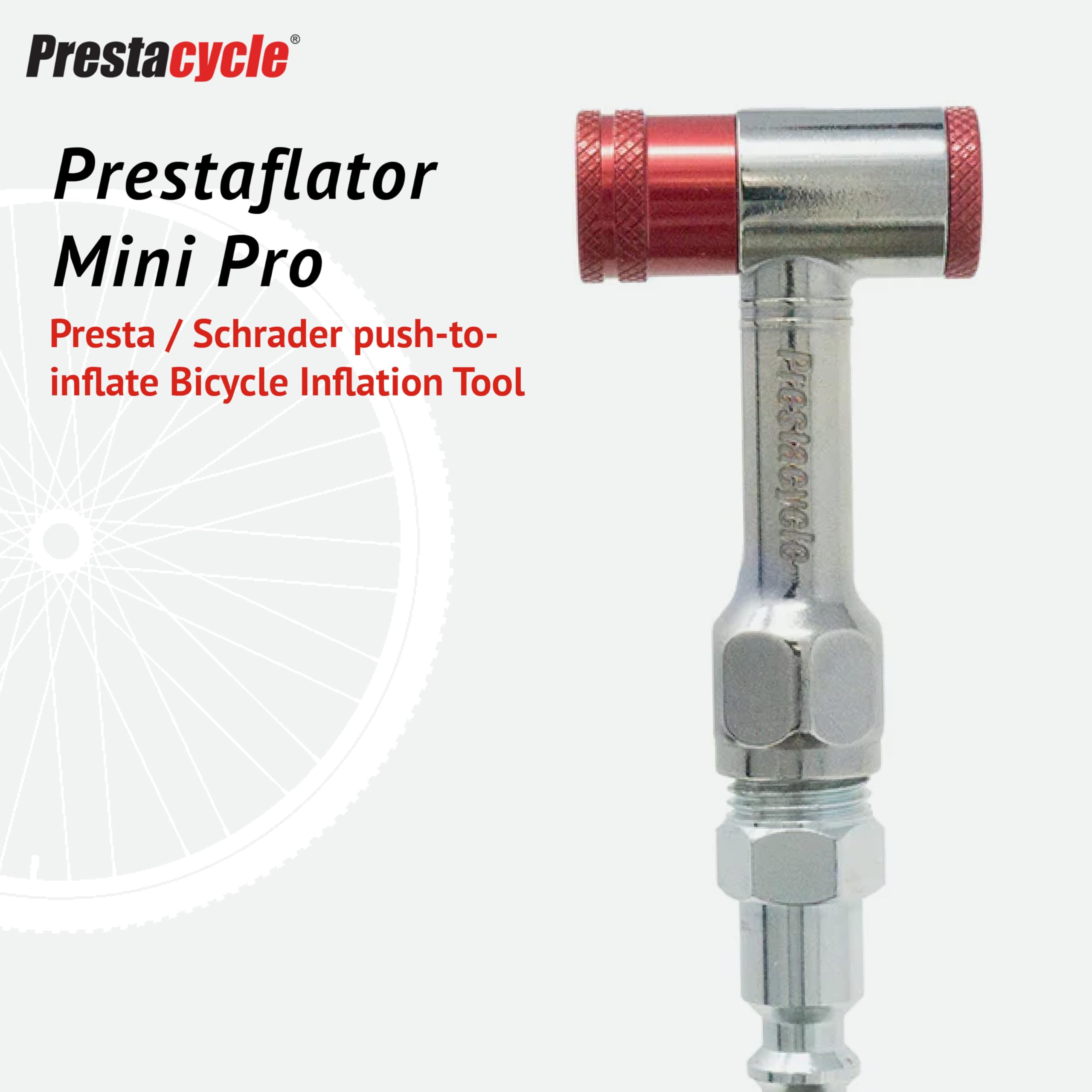 Prestacycle Prestaflator Mini Pro, tête de gonflage de Pneu de vélo, Valve de Pompe à air Presta/Schrader, Outil de gonflage pour Lignes de compresseur d'air, Outils et Entretien de vélo, Mini Outil