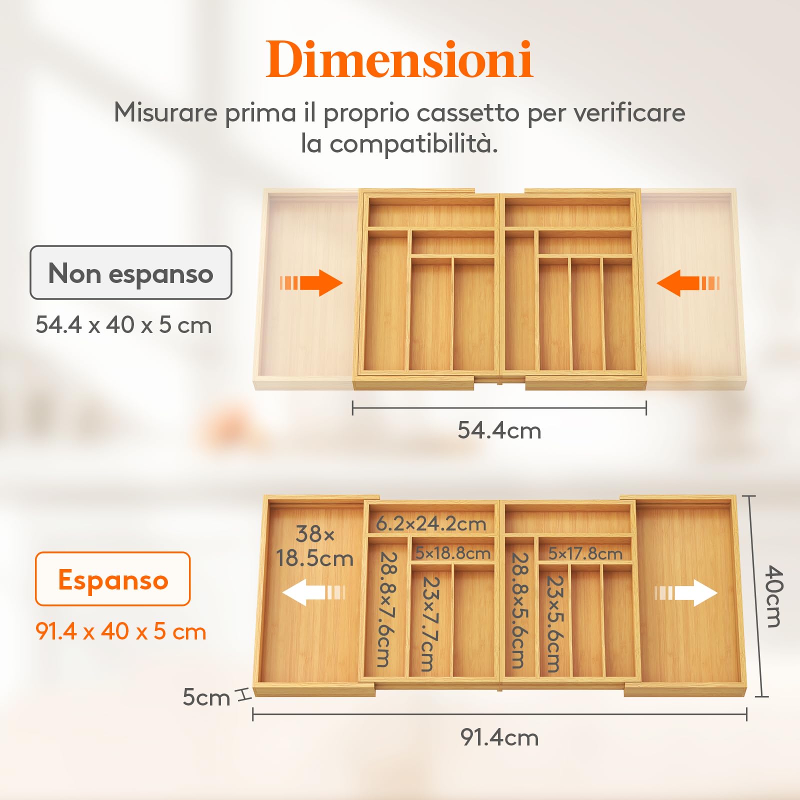 Lifewit Portaposate da Cassetto Grande, Espandibile da 53,3 a 91,4 cm di Larghezza, Porta Posate Cucina Cassetto, Organizer Cucina in Bambù per Posate, Cucchiai, Forchette, Coltelli, Naturale