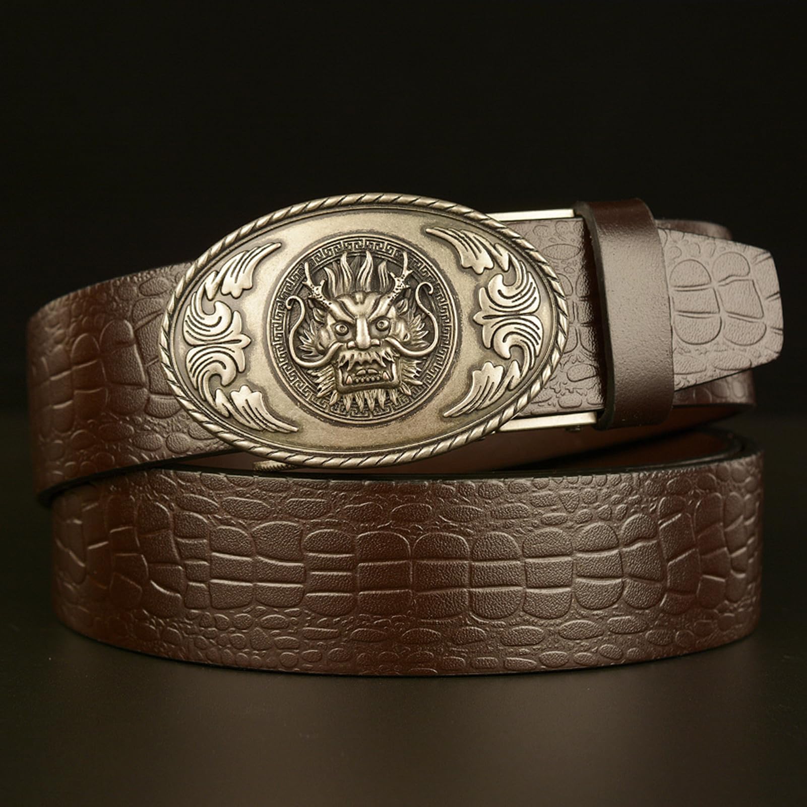Cinturón De Piel Cocodrilo Con Relieve Trinquete For Hombre, Hebilla Deslizante Automática Cabeza Dragón Plateada