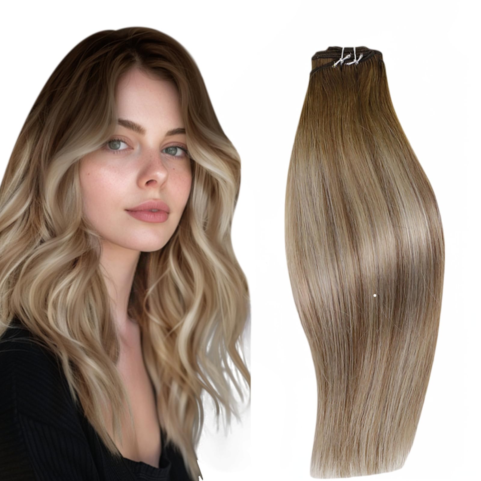 RUNATURE Weft Hair Extensions Real Human Hair Blonde Ombre Remy Sew in Weft Hair Extensions Human Hair Blonde Balayage Weft Hair Extensions 18 Inch 100 Gram