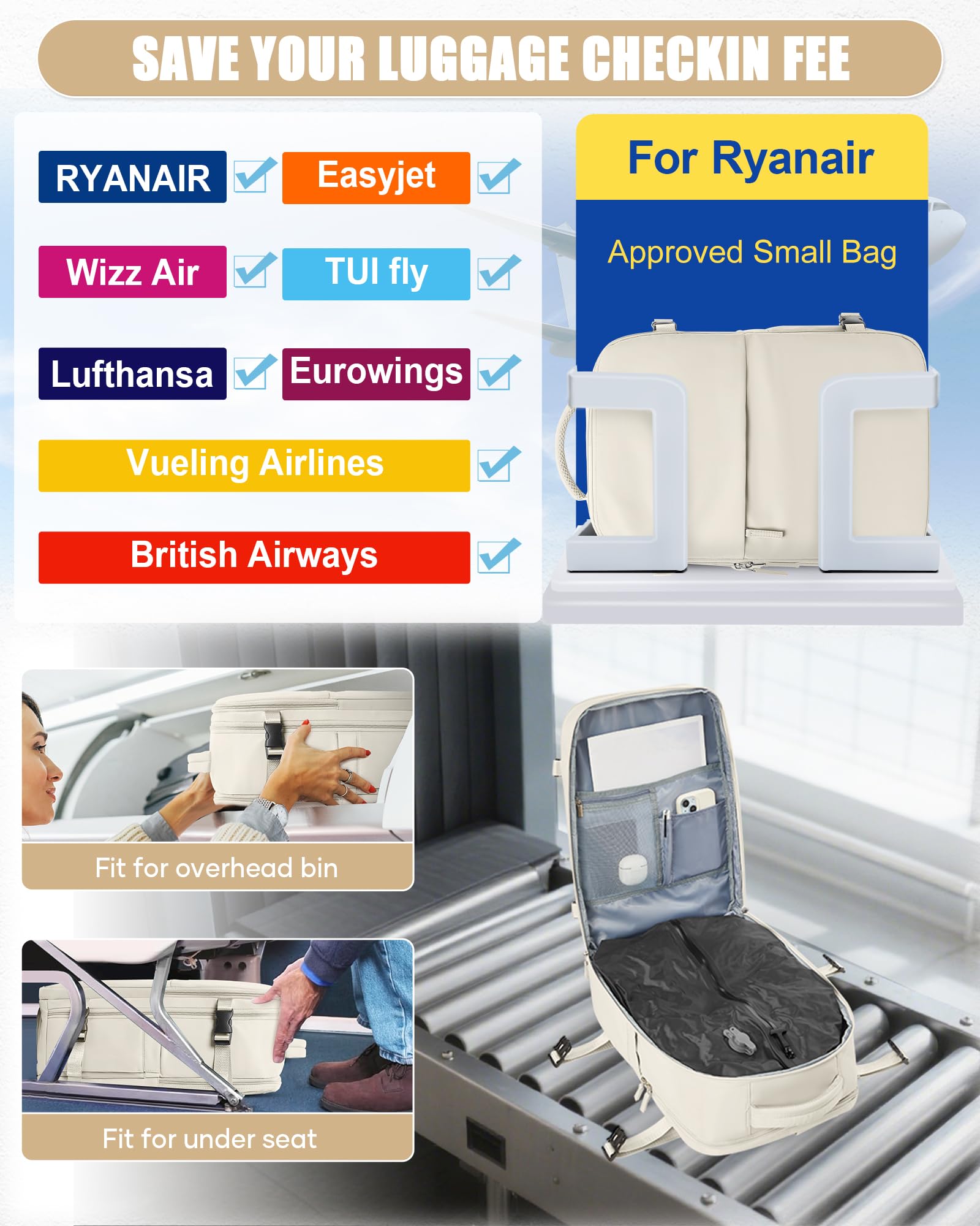 BJLFS Zaino da Viaggio con Sottovuoto Ryanair 40x30x20 Wizzair Bagaglio a mano 40x20x25 Ryanair con Pompa Borse da Cabina per Easyjet 45x36x20 con compressione sottovuoto,Zaino Casual per Laptop