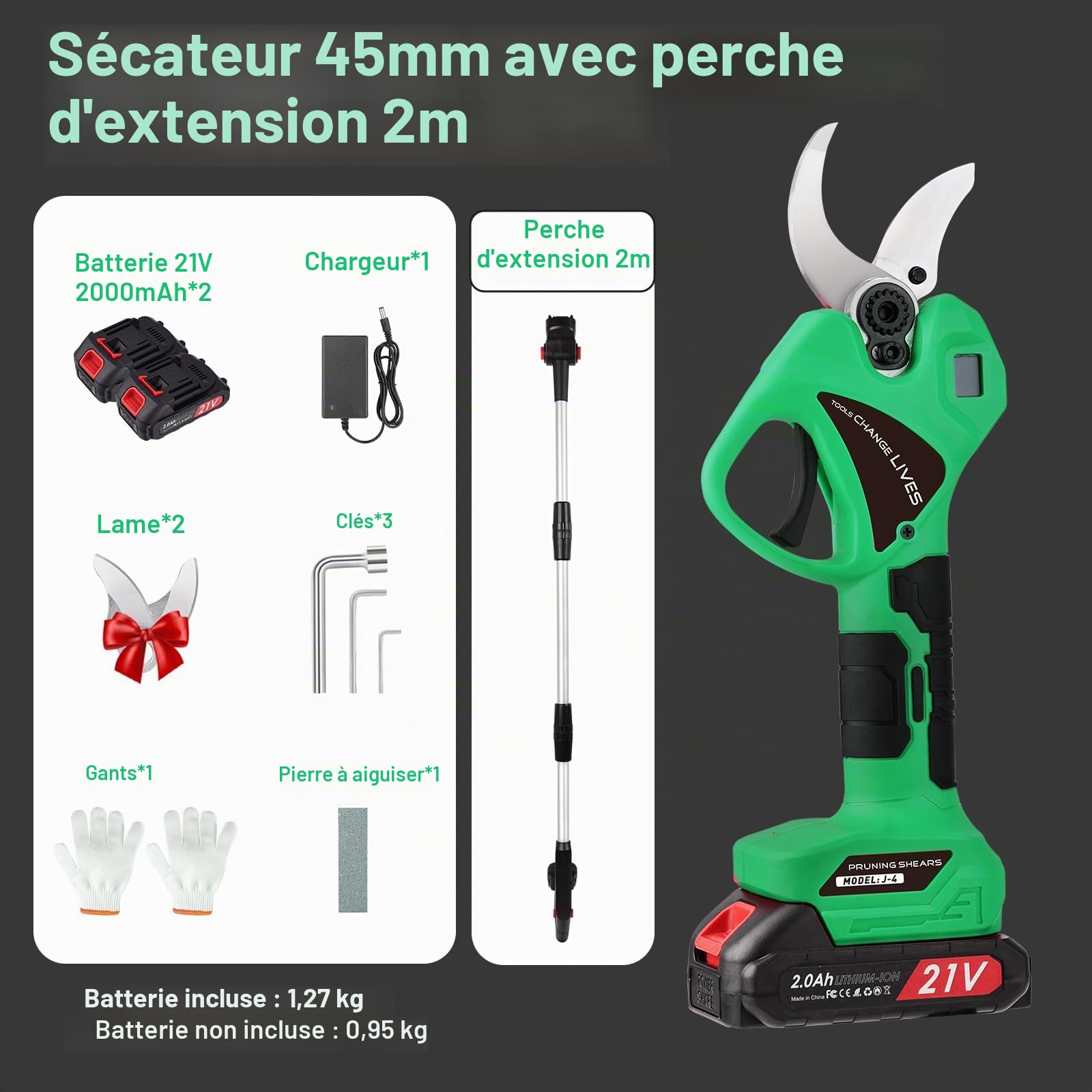 Secateur Telescopique Electrique - 45mm Sécateur électrique avec 2 batteries 21 V/2000 mAh - sécateur à batterie avec perche avec Lame SK7, Secateur electrique sans Forbici Potatura Elettriche
