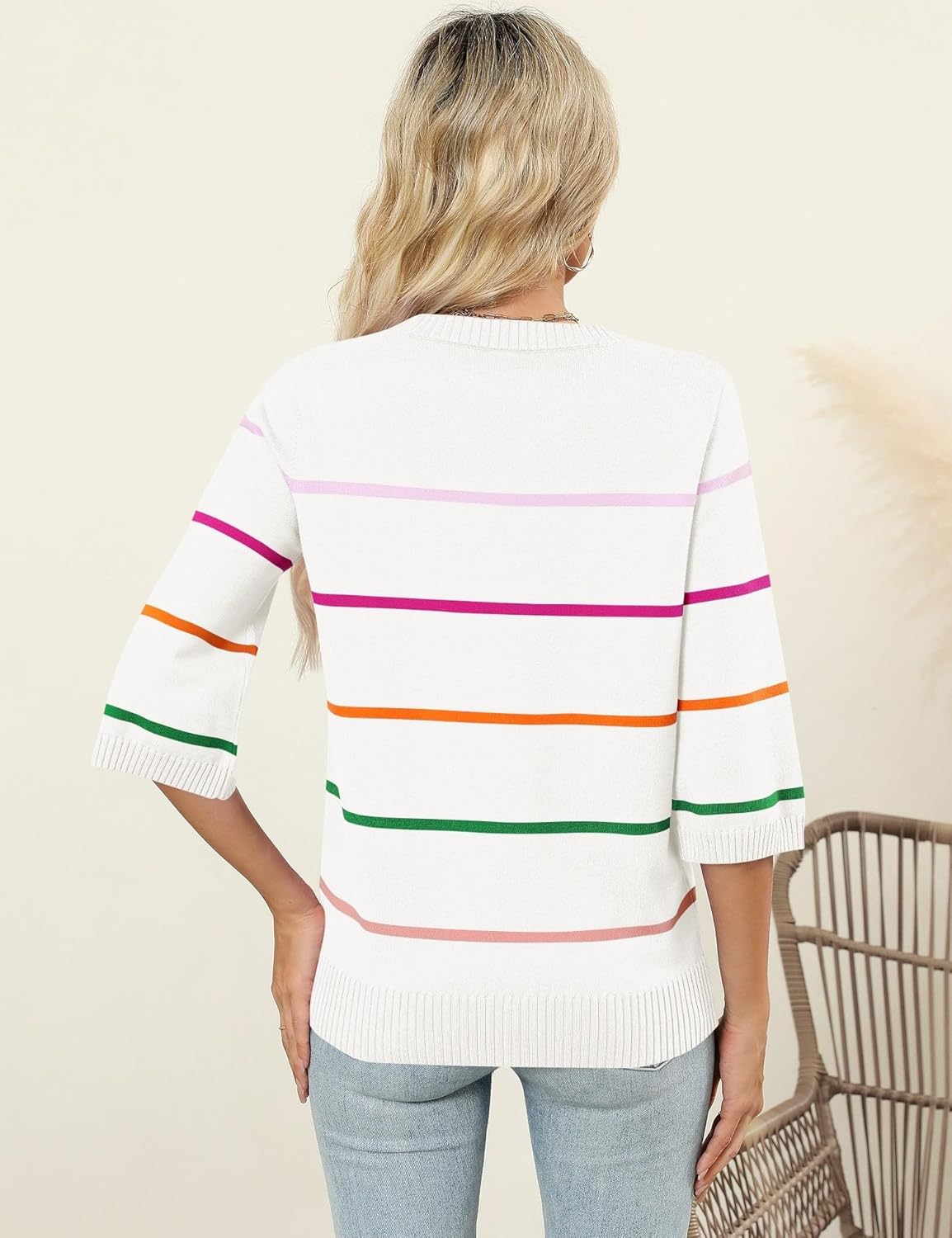 LOMON Womens Sweaters Casual Fall 2025 Crew Neck Striped 3/4 Sleeve Lightweight Knit Trendy Pullover Sweater Tops S-XL - Image 6