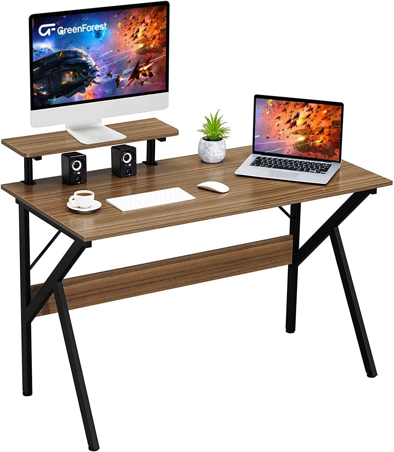GreenForest Home Office Desk with Monitor Shelf Computer Gaming Desk 47 inch Writing Study Table for Workstation, Espresso