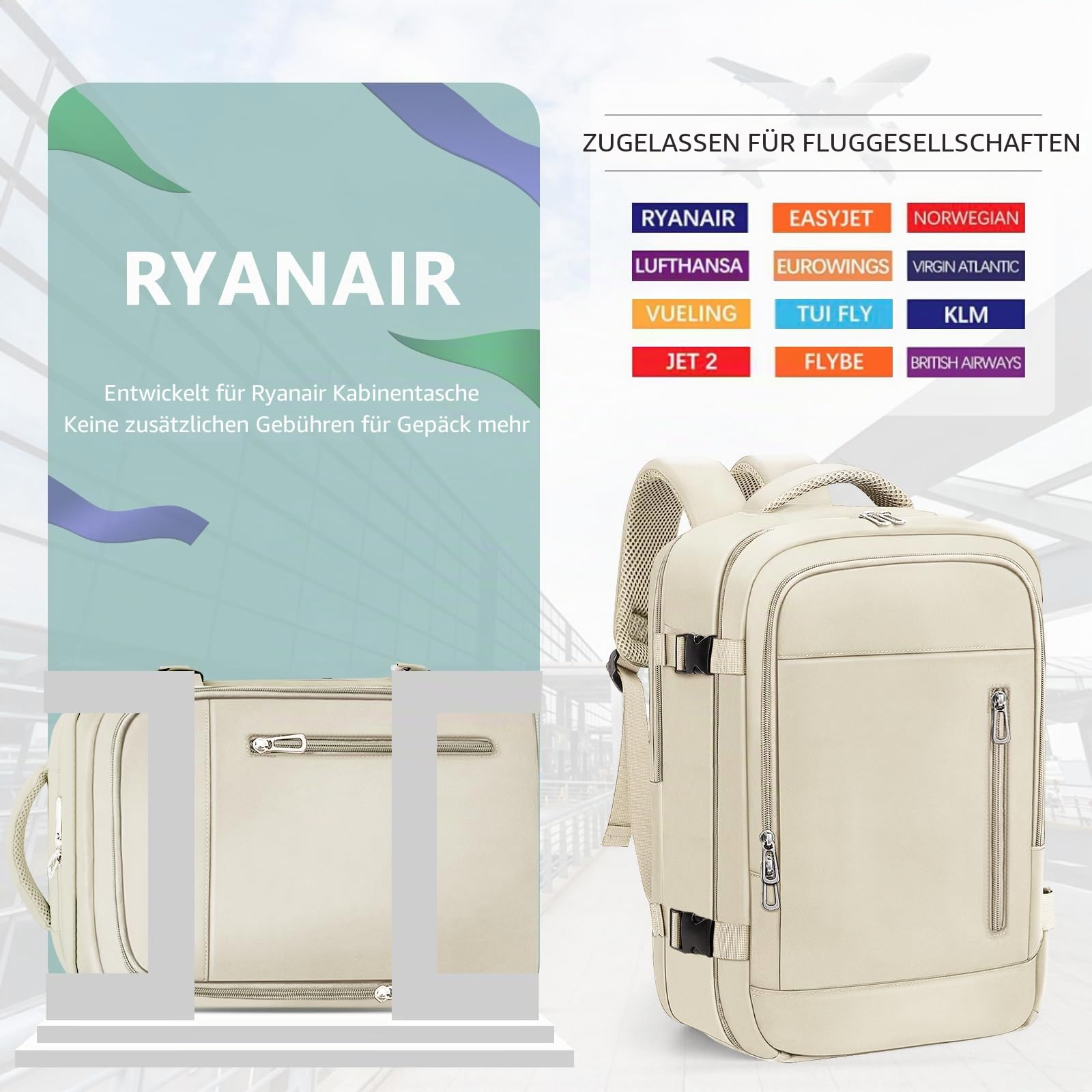 OTAHGK Handgepäck 40×20×25 für Ryanair Untersitz Reiserucksack 20L Wasserdicht Kabinentaschen Flugzeug Laptop Rucksack Lässiger Tagesrucksack Schule Büro Tasche-Beige - Image 2