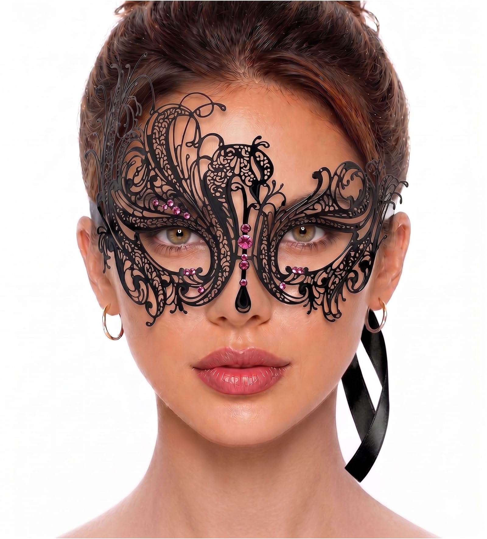 Luxury Mask Women's Swan Metal Filigree Laser Cut Venetian Masquerade Mask Black/Pink Stones Taglia unica