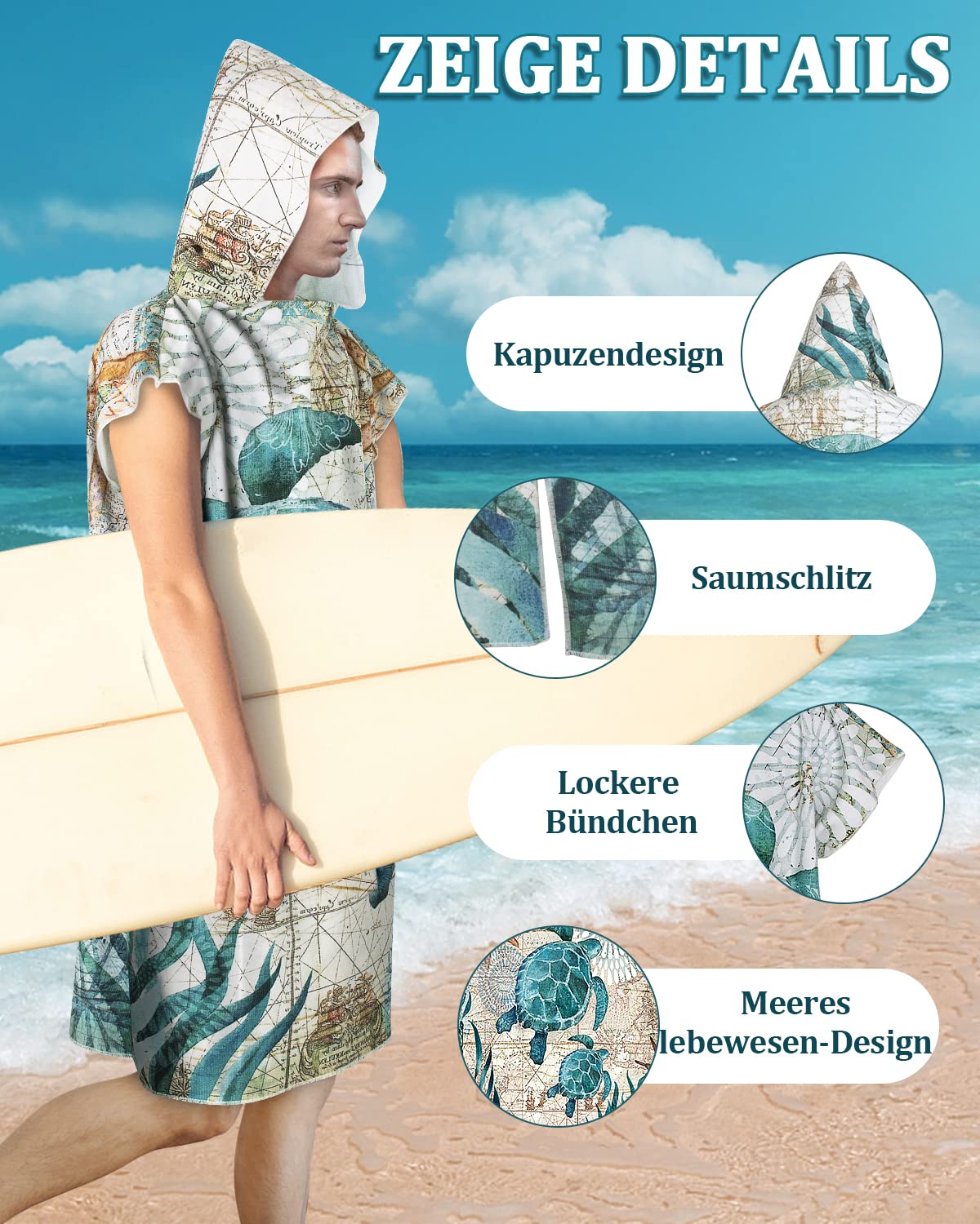 Asciugamano da Spiaggia con Cappuccio per Adulti, Accappatoio Poncho con Cappuccio, Asciugamano Microfibra con Vita Marina, Accappatoio per Cambiarsi, nuoto, surfing, spiaggia (H4-75 x 110 cm)