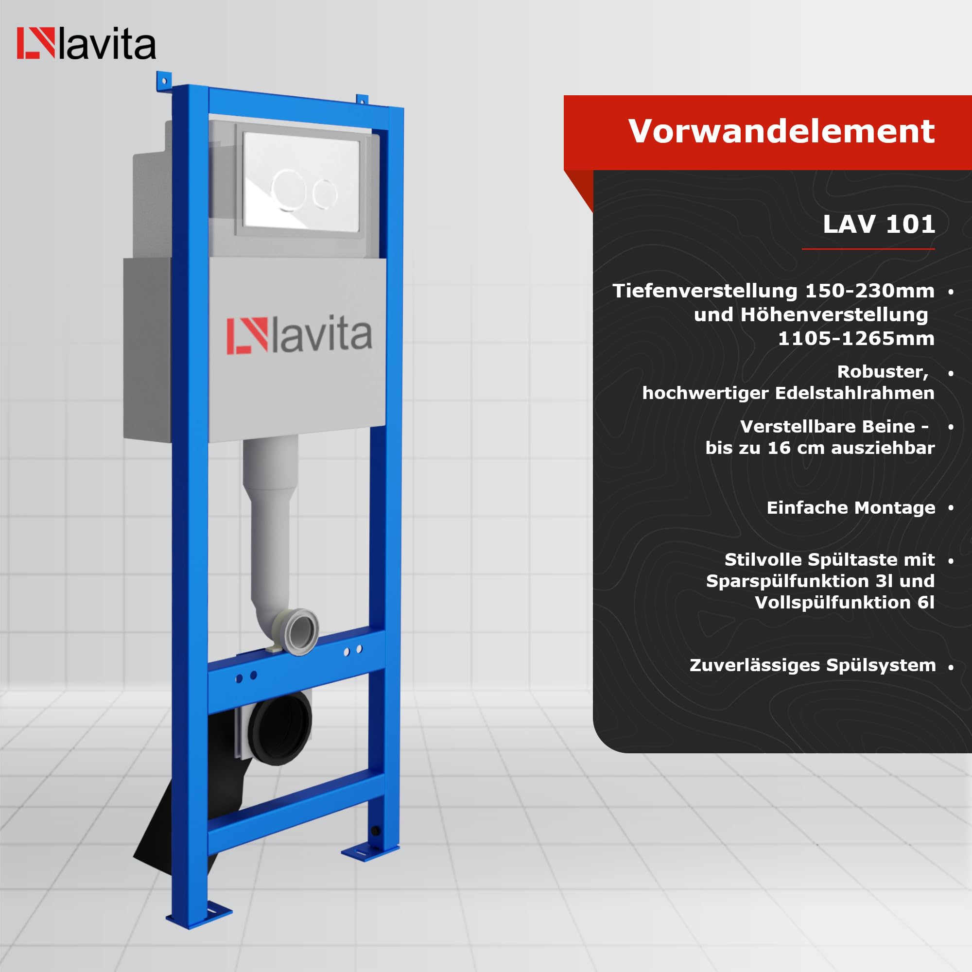 Lavita LAV 101 Vorwandelement für WC 40cm + Wand Hänge Tiefspül WC SOFI SLIM Weiß Spülrandlos + Bedienplatte LAV 200.4.1 Weiß | Komplettset | Unterputz Spülkasten | Toilette Komplett Sett