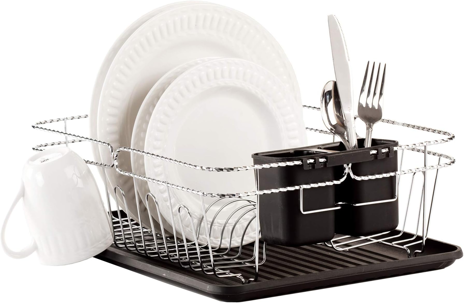 Kitchen Details 3 Piece Twisted Chrome Dish Drying Rack | Cutlery Basket | Drain Tray | Countertop | Sink | Black