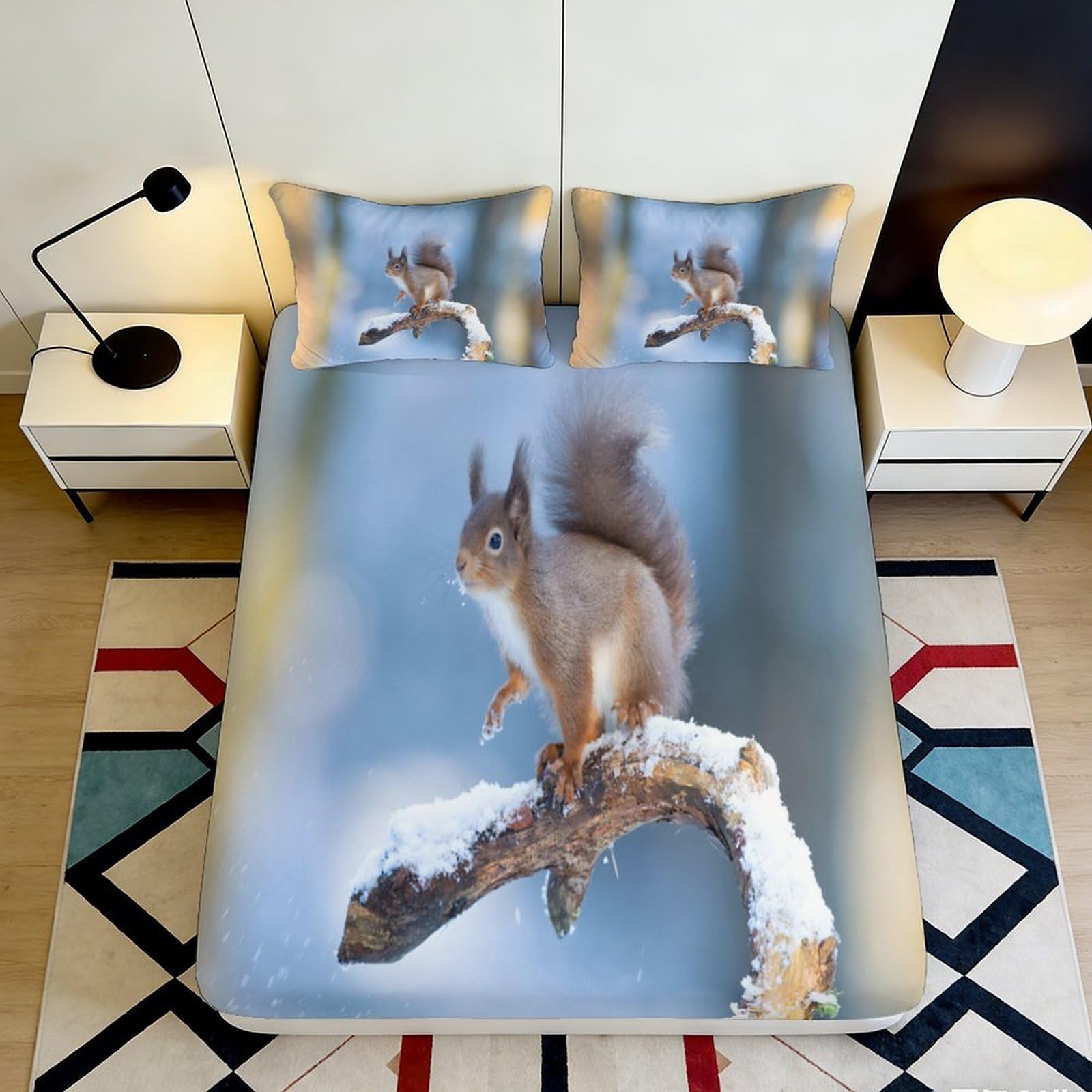 3D Printed Squirrel Forest Fitted Sheet Microfiber Soft Animal Branch Bed Cover for Bedroom Guestroom Decor 90x200x25cm