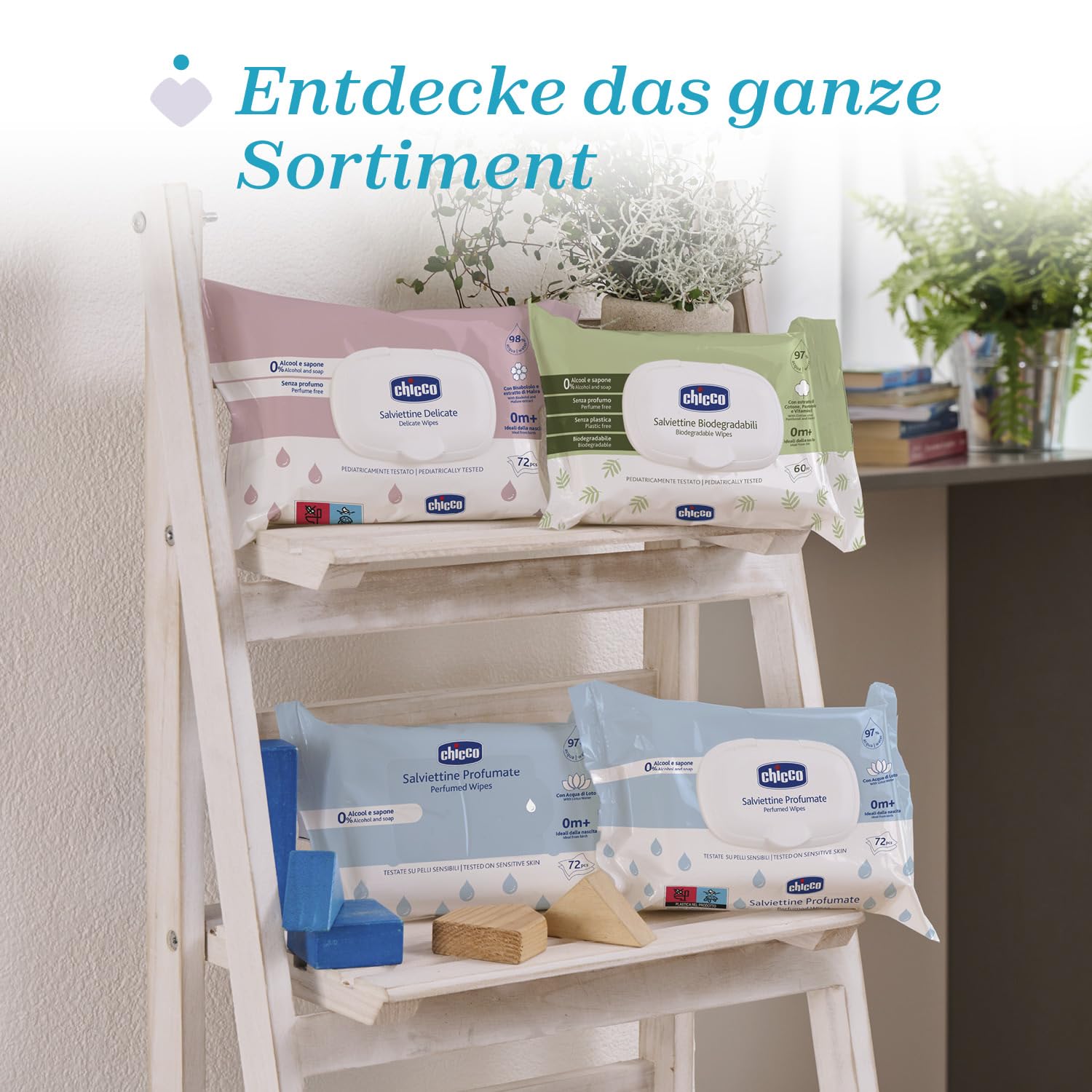 Chicco Neugeborenen-Baby-Mehrzweck-Reinigungstücher mit Plaquette, alkoholfrei, parfümiert, für empfindliche Haut geeignet, Multipack mit 864 Tüchern, 12 Packungen mit 72 Tüchern