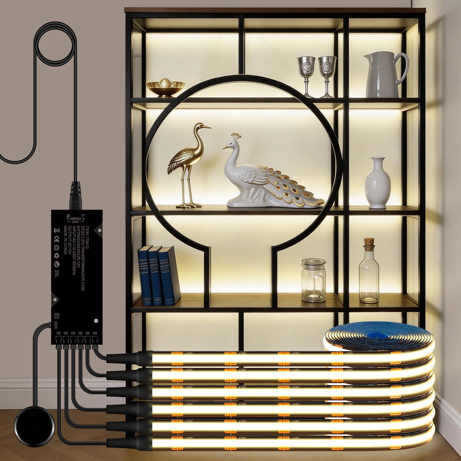 lampada da armadio nera striscia LED COB | 6 pezzi dimmeraggio touch passante adatto per vetrine e illuminazione decorativa scaffali vino (luce bianca naturale, 2 m)