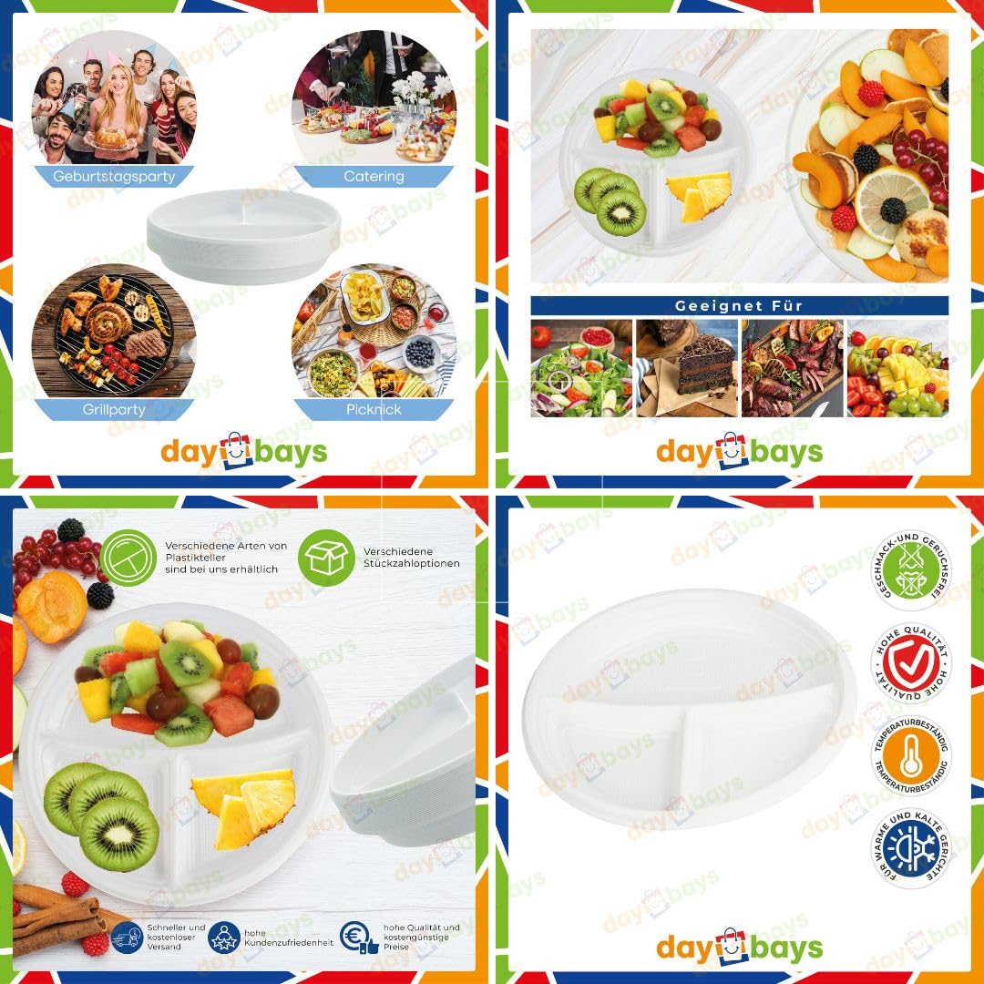 Mehrweg 200 Stk. 3-geteilt Plastikteller 200 Stk. Plastikgabel 200 Stk. Plastikmesser Set Mehrwegteller Plastikbesteck Partygeschirr Plastikgeschirr Set (200, 3-geteilt_Gabel_Messer)