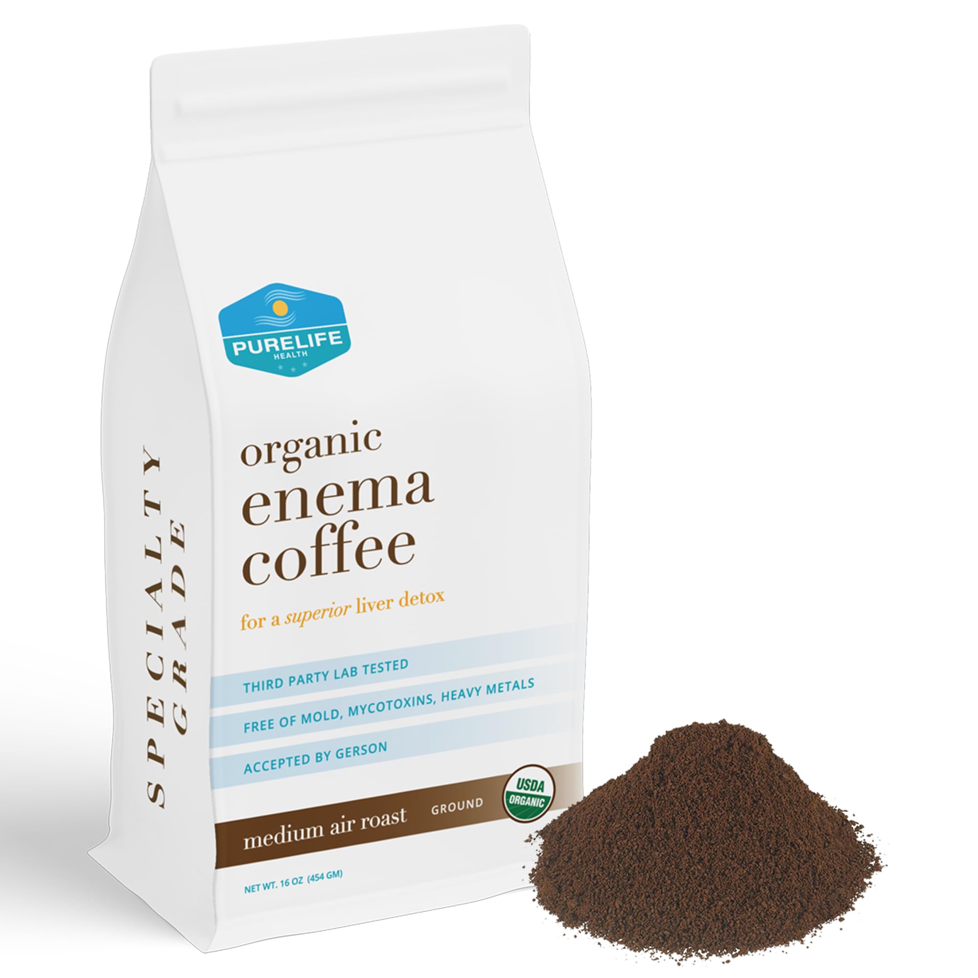 PureLife Enema Coffee- 1 Lb - Organic Gerson Specific - Ground - Mold & Fungus Free - Air Roasted Medium/Shipped Fresh- American Owned and Operated Since 2012