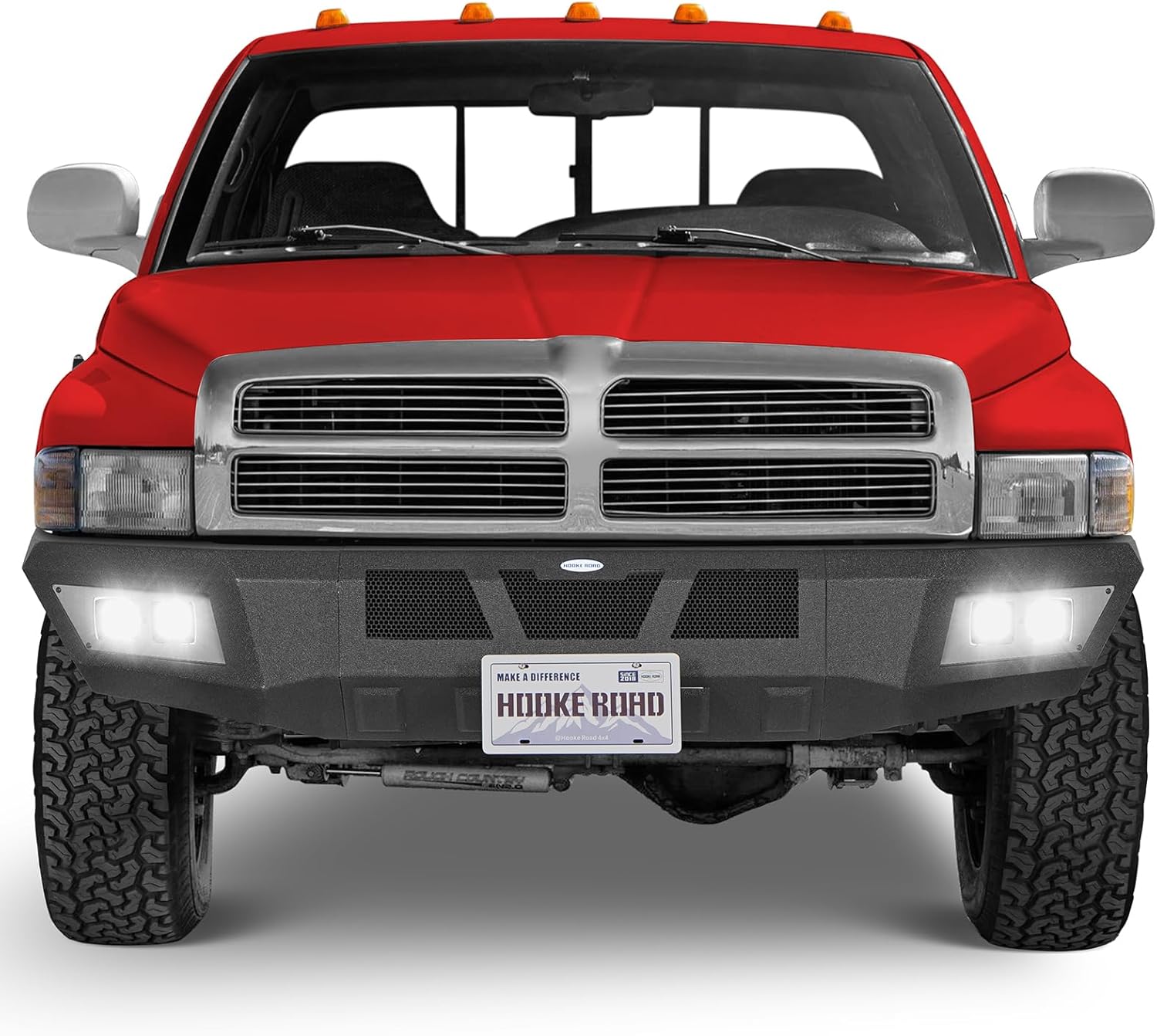 Hooke Road Ram Front Bumper for 1994-2001 Dodge Ram 1500 & 1994-2002 Ram 2500 3500, Heavy Duty Replacement Bumper with 4x 25W LED Lights & License Plate Mount