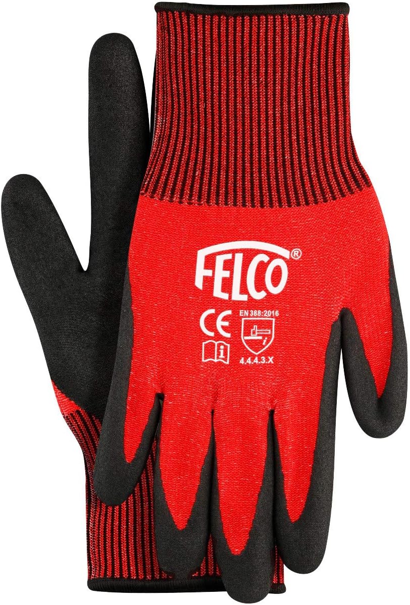 FELCO701L Nitrile Coated Work Gloves (Large, 13 Gauge HPP Fibre, Knitted Glove, 1 Pair of Gardening Gloves), Black/Red