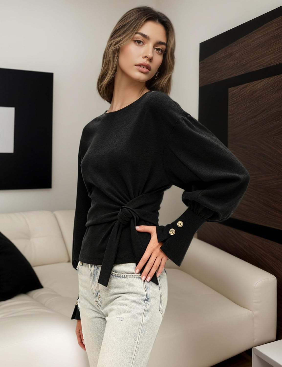 OLAPTA Women Twist Tie Knot Front Sweatshirts Long Balloon Sleeve Crewneck Loose Pullover Tops 2025 Side Tie Fall Sweatshirts - Image 3