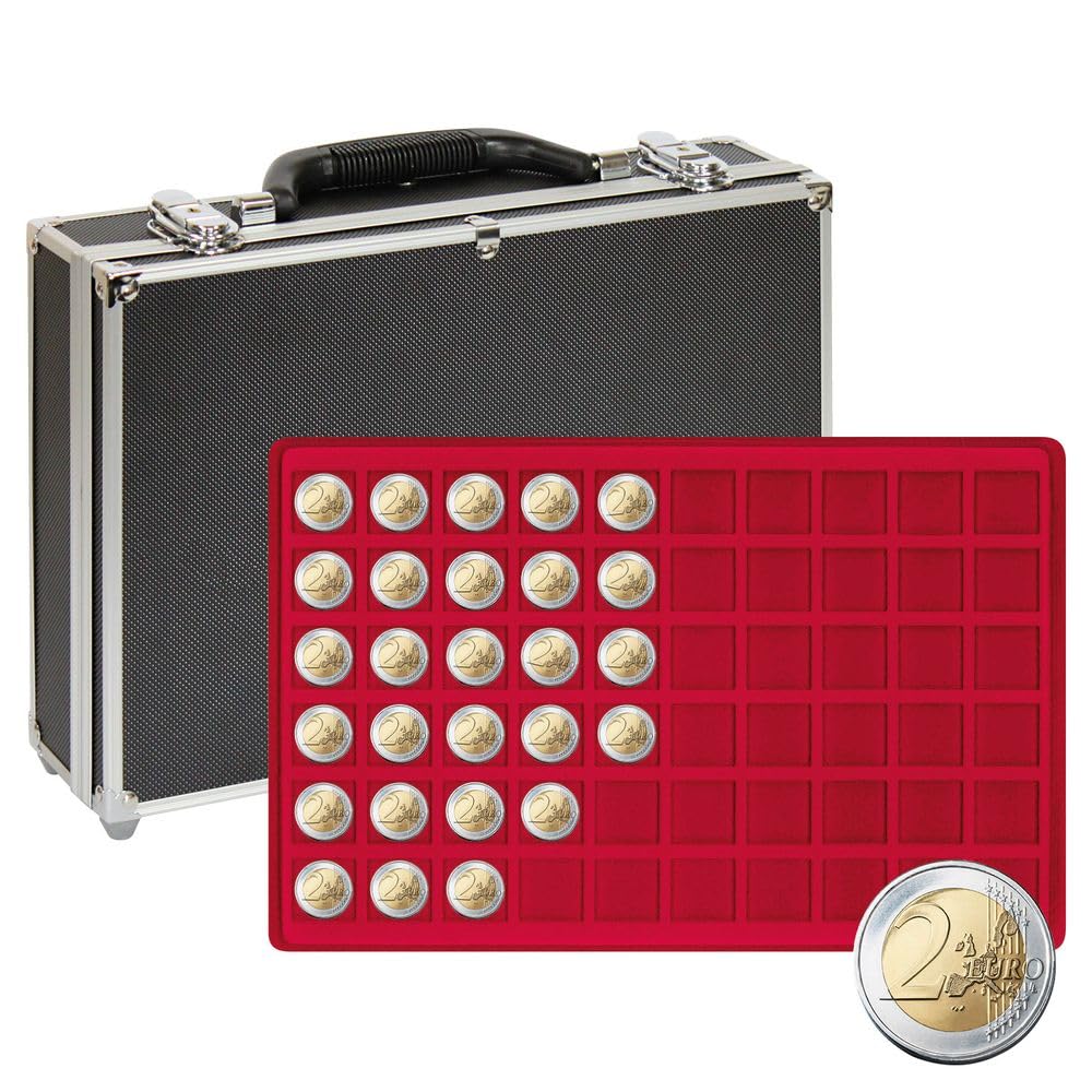 LINDNER Das Original Maletín Grande para colección de Monedas con 8 tableros Rojas para 480 Monedas o cápsulas para Monedas de hasta un diámetro de 27 mm