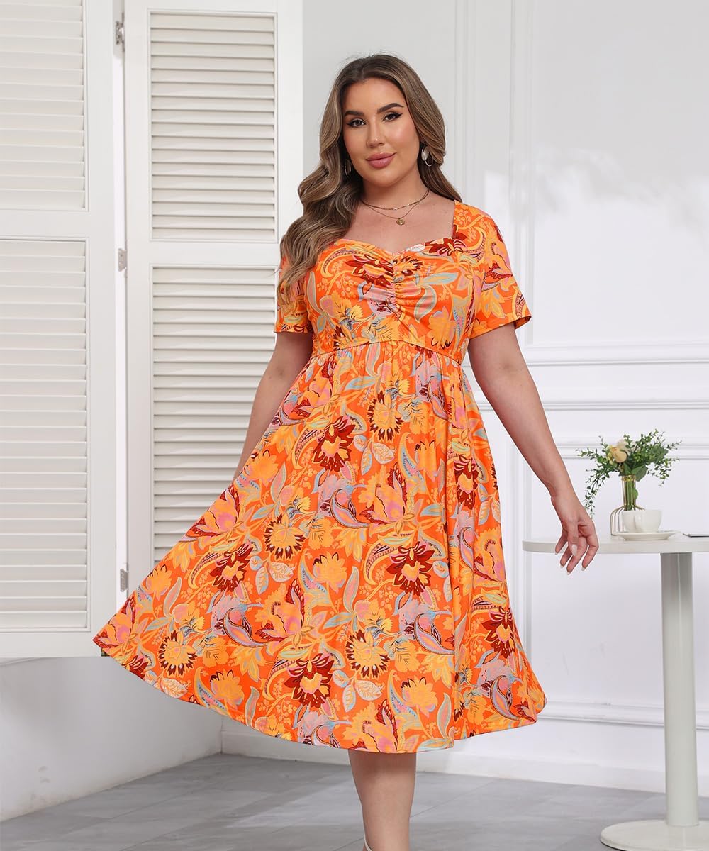 RITERA Plus Size Dresses for Curvy Women Boho Summer Midi Dress Sweetheart Neck Short Sleeve Dresses Empire Waist with Pocket - Image 4