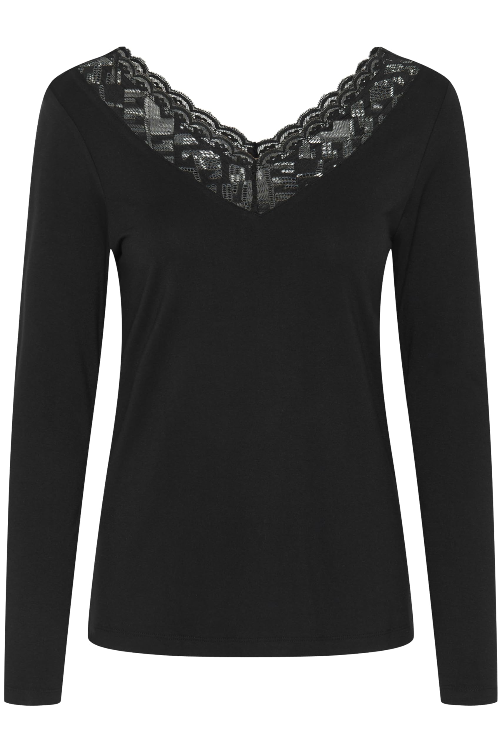 Cream Women's T-Shirt Long Sleeves V-Neck Lace Edge Regular Fit Jersey Tee