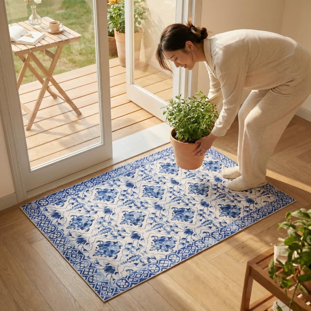Oriental Accent Vintage Blue Porcelain 2x3 Area Rug - Faux Wool Floral Print Rug, Retro Accent Washable Low Pile Rug, Foldable Non-Slip Non-Shedding Carpet, Decor Gift