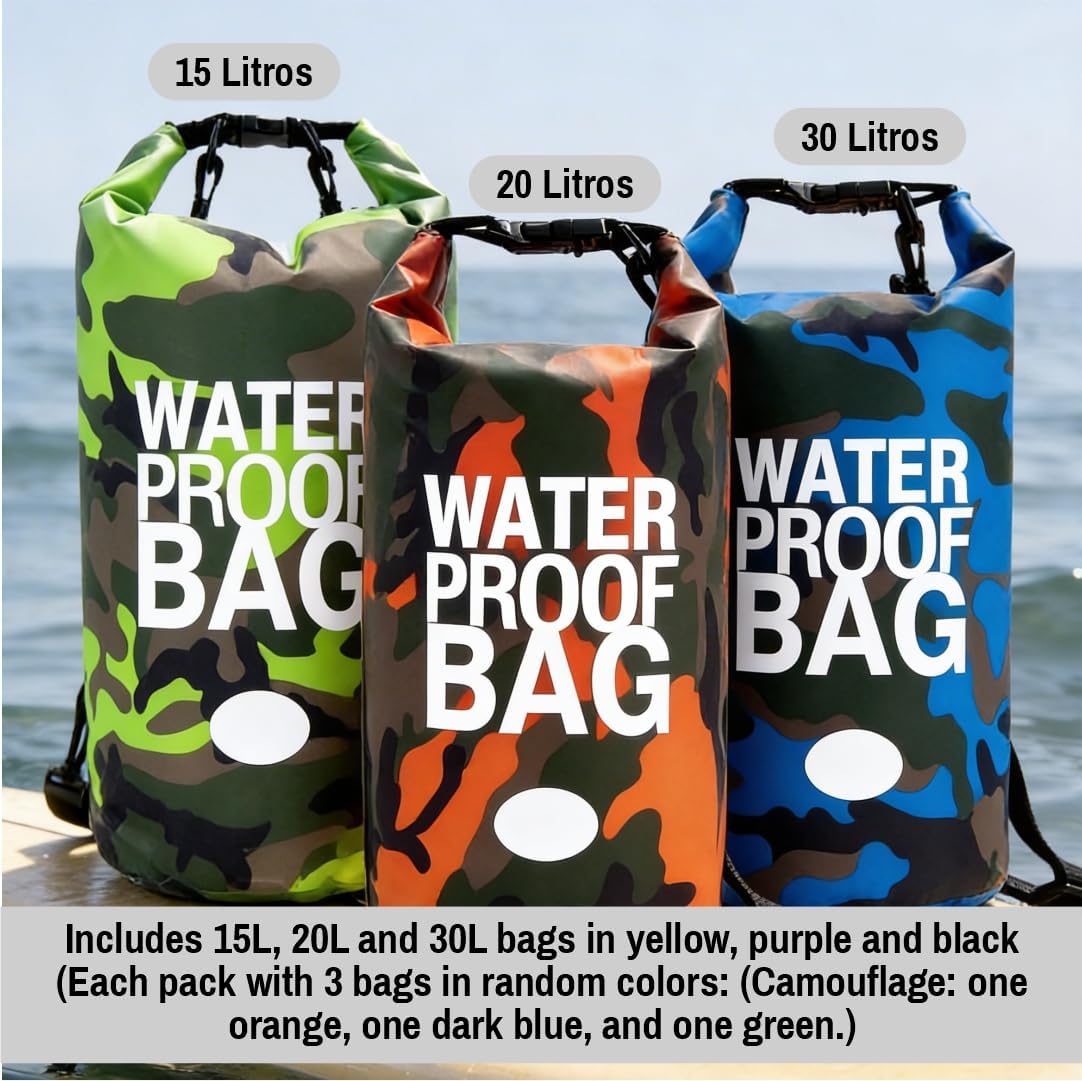 Waterproof Dry Bag Set of 3 (15L 20L 30L) - PVC Roll Top Dry Bags Waterproof - Backpack for Kayaking, Camping, Beach & Travel (Camouflage Orange, Dark Blue, Green)