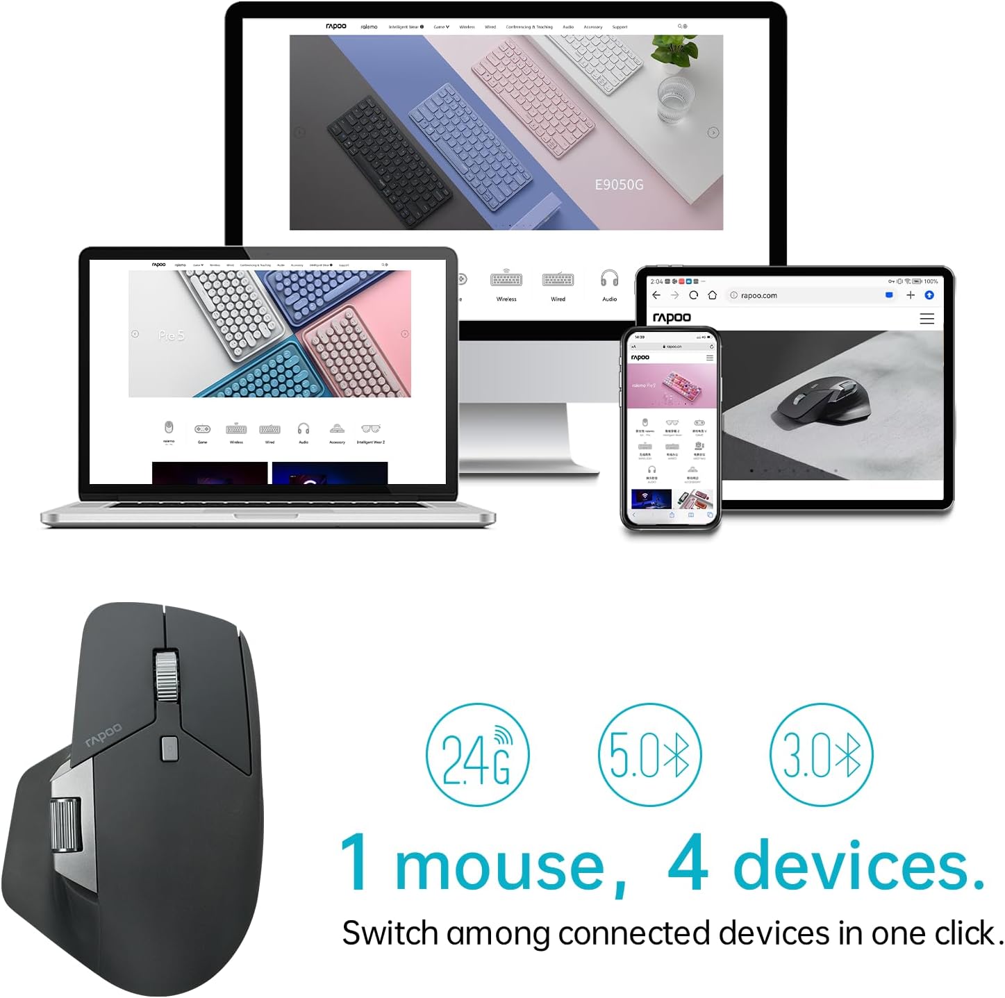 Rapoo Bluetooth Wireless MultiDevice Mouse - Bluetooth and USB Connection, M+ Cross Computer Tech, Support 4 Devices, 8 Programmable Buttons, Long Battery Life Mice for Laptop PC, MT760L Black