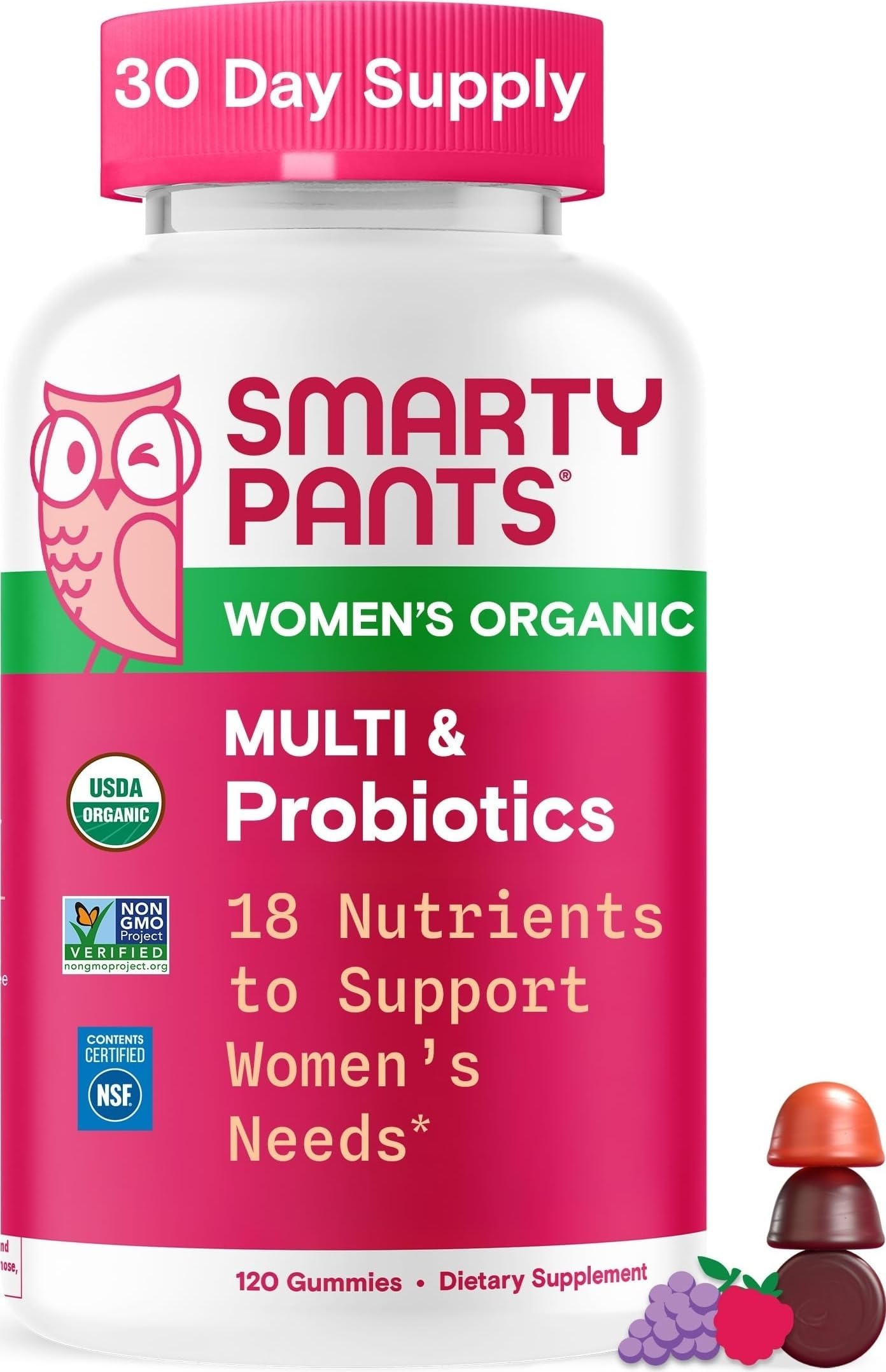 Organic Women's Multivitamin Gummies: Biotin, Probiotics, Methylfolate, Omega 3 (ALA), Vitamin D3, C, Vitamin B12, B6, A, K & Zinc, Inositol, Gluten Free, 120 Count (30 Day Supply)