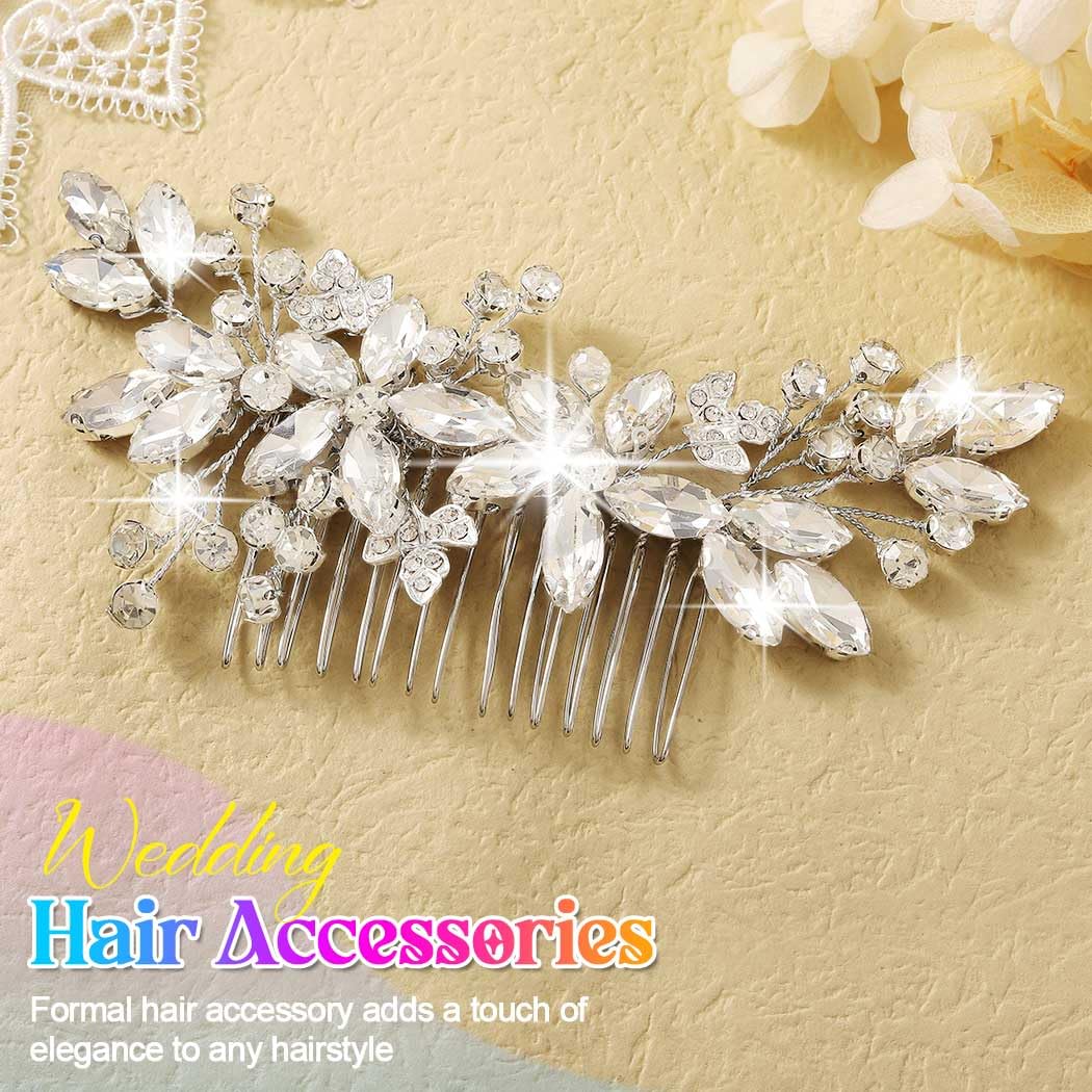 GORAIS Pettine per capelli da sposa con strass, accessorio per capelli da sposa, fermaglio per capelli da sposa e donna (argento)