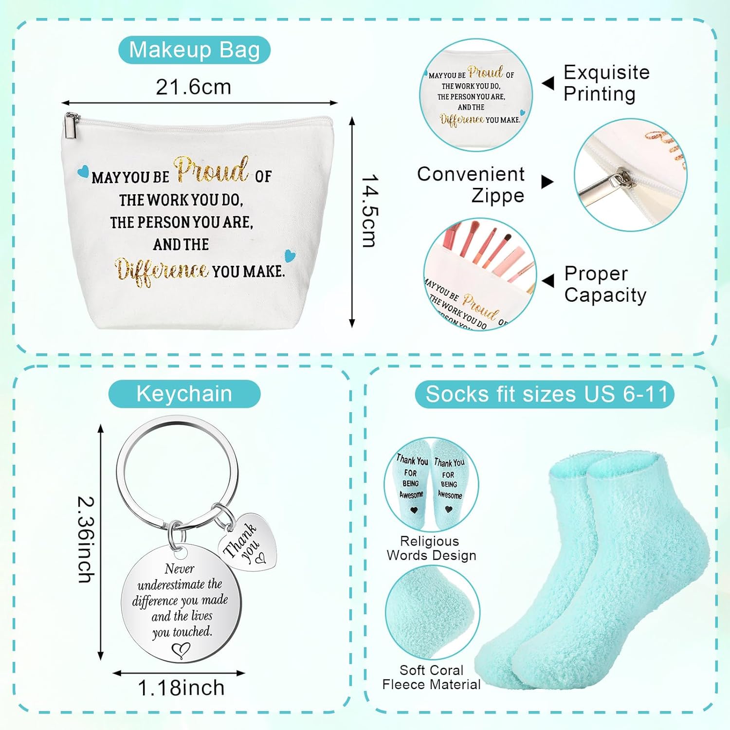 7 Pcs Employee Appreciation Gift for Women Thank You Gift May You Be Proud Journal Makeup Bag Glass Tumbler Socks Ballpoint Pen Keychain for Women Coworker Teacher Employee Nurse(Blue Green) - Image 4