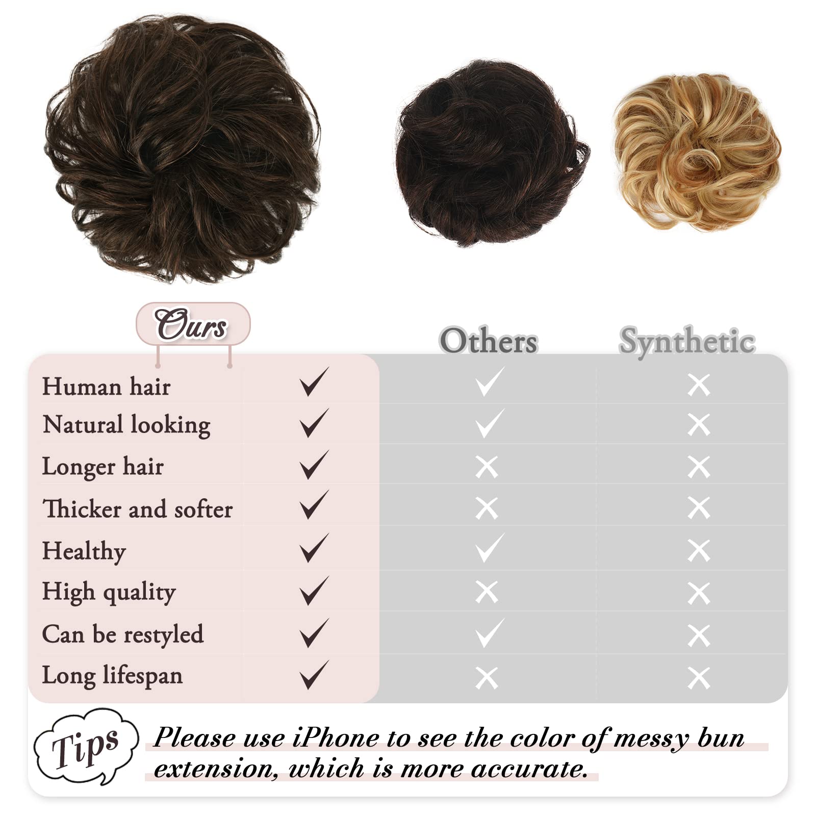 RUWISS Chignon di Capelli 100% Capelli Umani Elastici Chignon Ondulato Capelli Veri Coda di Cavallo Pezzo di Capelli Spessi Updo per Donne Ragazze, Marrone Scuro con 15% Bionda Cacao Scuro