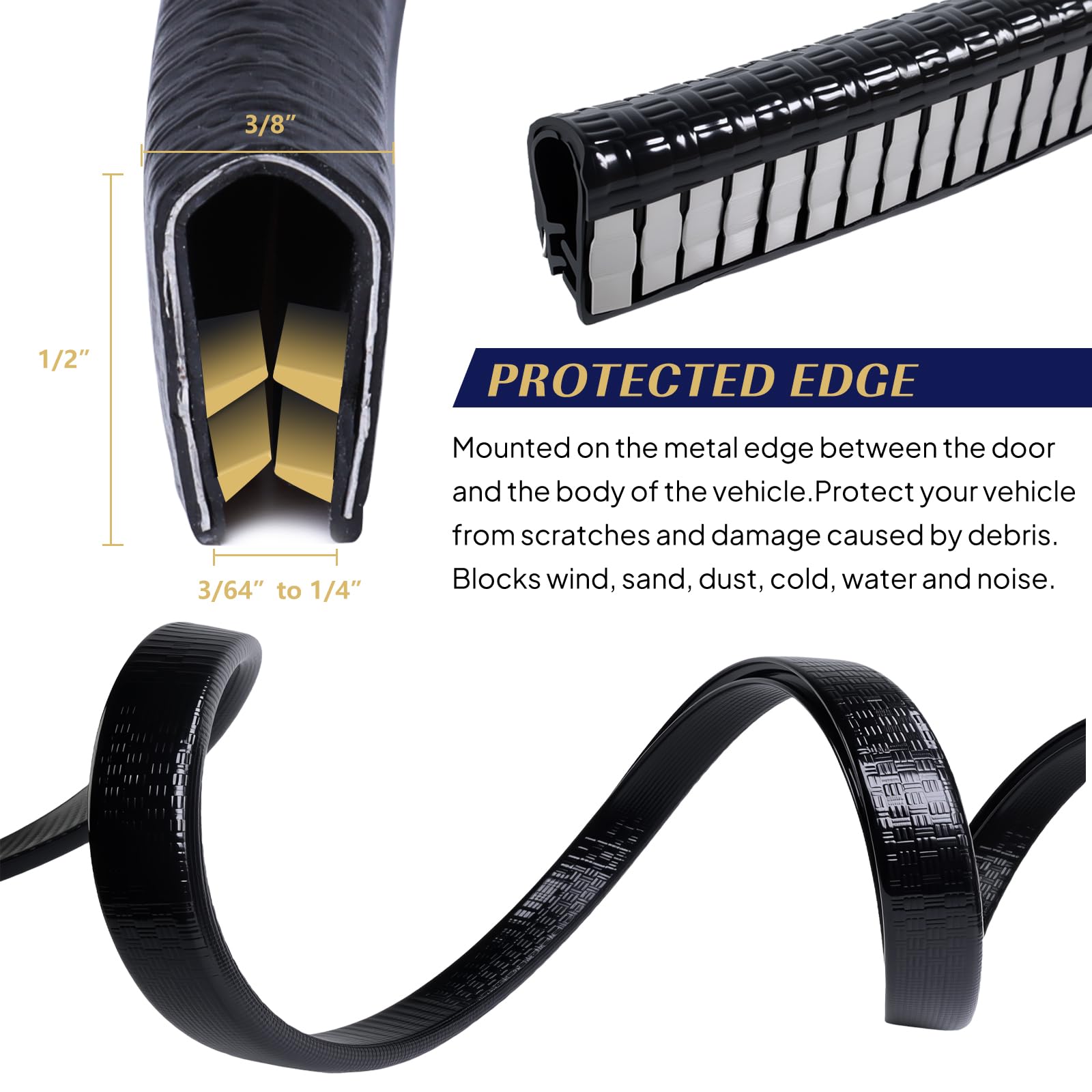 Edge Trim Weatherstrip 1/5.1 cm x 3/20.3 cm ochraniacz na drzwi samochodu - czarny kanał U, gumowy pasek uszczelniający do pojazdu (762 cm/25 stóp)