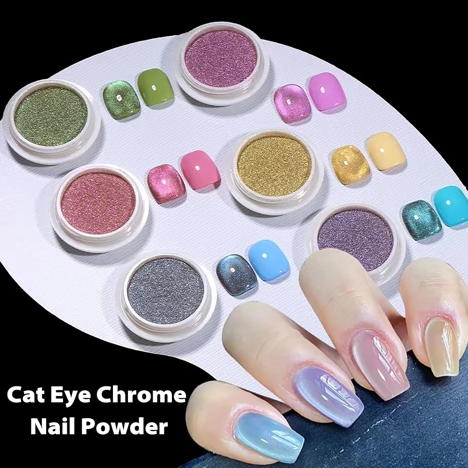 WOKOTO 6 Colors Cat Eye Chrome Powder for Nails 3D Magnetic Aurora Nail Pigment Powder Nail Powder Metallic Pigment Galaxy Effect Nail Glitter with Magnet Pen for Nail Art Manicure Gel Polish