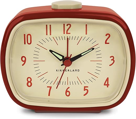 Kikkerland Retro Alarm Clock – Vintage Decor for Bedroom, Nightstand, Living Room, or Office – Battery Operated, Decorative Analog Clock, Red
