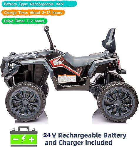 Miniatura 4 de ATV eléctrico de 24 V para niños, juguete de auto cuádruple de 4 ruedas, neumáticos EVA, vehículo a batería, faros LED, música (negro)