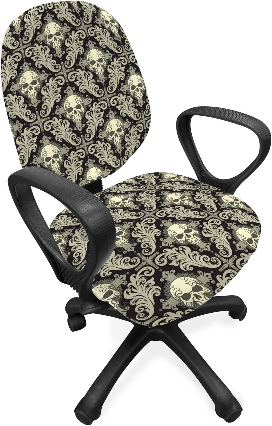 Lunarable Skull Office Chair Slipcover, Skulls with Floral Curly Details Antique Victorian Design Gothic Elements, Protective Stretch Decorative Fabric Cover, Cream Taupe Black