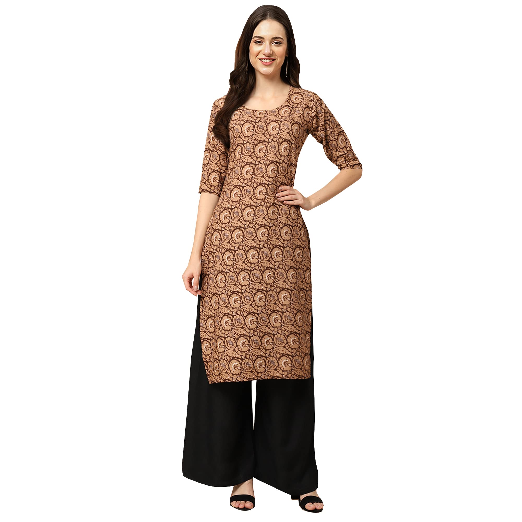 Pinkmint Women's Crepe Brown Color Ethnic Motif Printed Straight Kurti[Nb-530379-M]