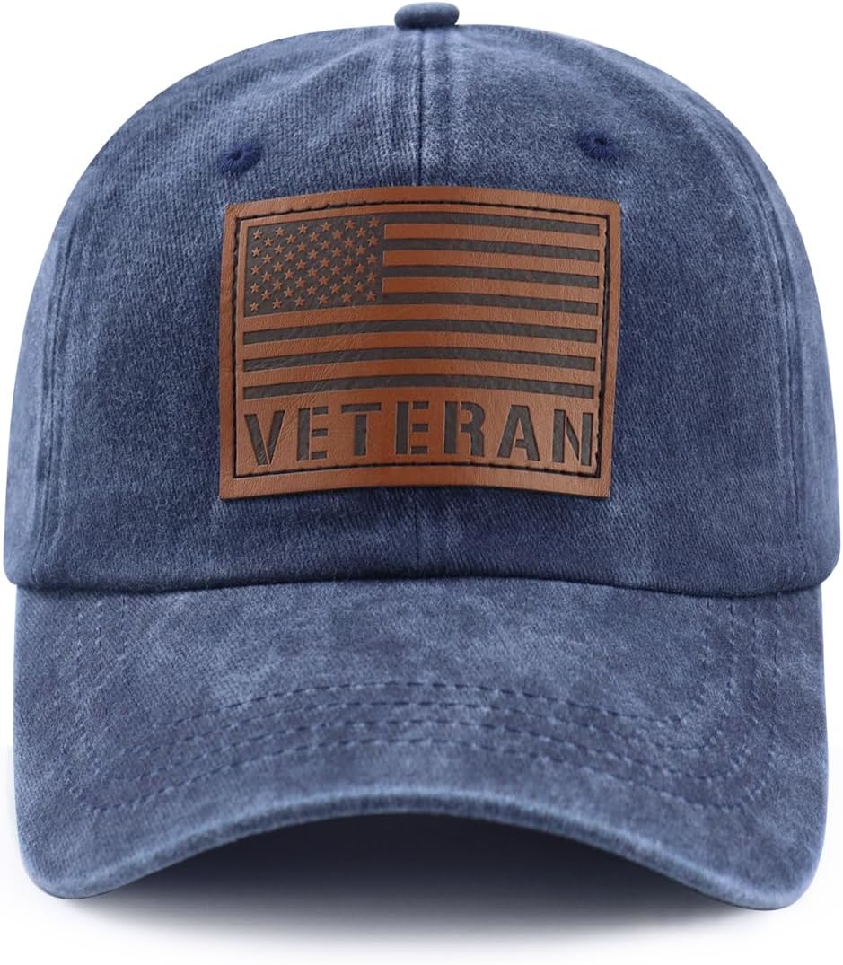GzacDeope American Flag Veteran Hat for Men Women, Adjustable Cotton Leather Patch Army Military Patriotic Baseball Cap