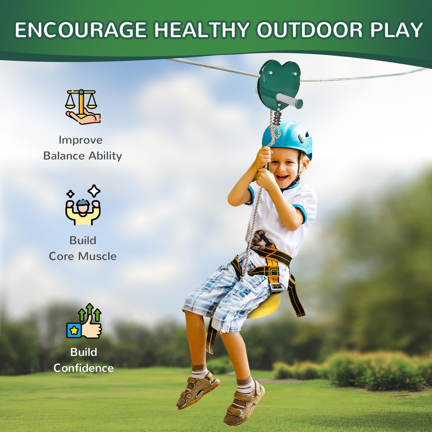 Outsunny Kit di traversata tirolese per bambini 6-10 anni Traversata tirolese da giardino Impugnatura antiscivolo Corda regolabile Dispositivo di protezione dell'albero Portata massima di 80 kg Cavo