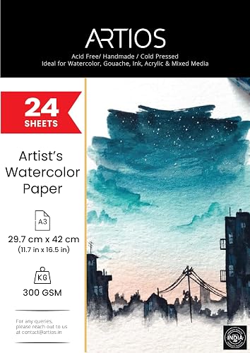 ARTIOS Artists' Watercolor Paper A3 300 GSM - 100% Cotton, Cold-Pressed, Acid-Free, Handmade Water Colour Papers for Watercolour, Acrylic, Gouache, Ink & Mixed Media, 24 Sheets