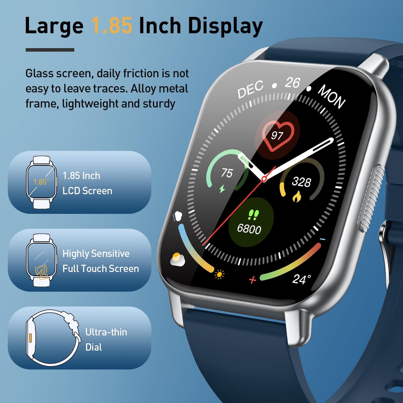 Smartwatch Uomo Donna con Effettua o Risposta Chiamate, 1.85" Orologio Smartwatch Contapassi/Cardiofrequenzimetro/Sonno, 110+ Modalità Sportivo Fitness Tracker, IP68 Smart Watch Android iOS, Blu